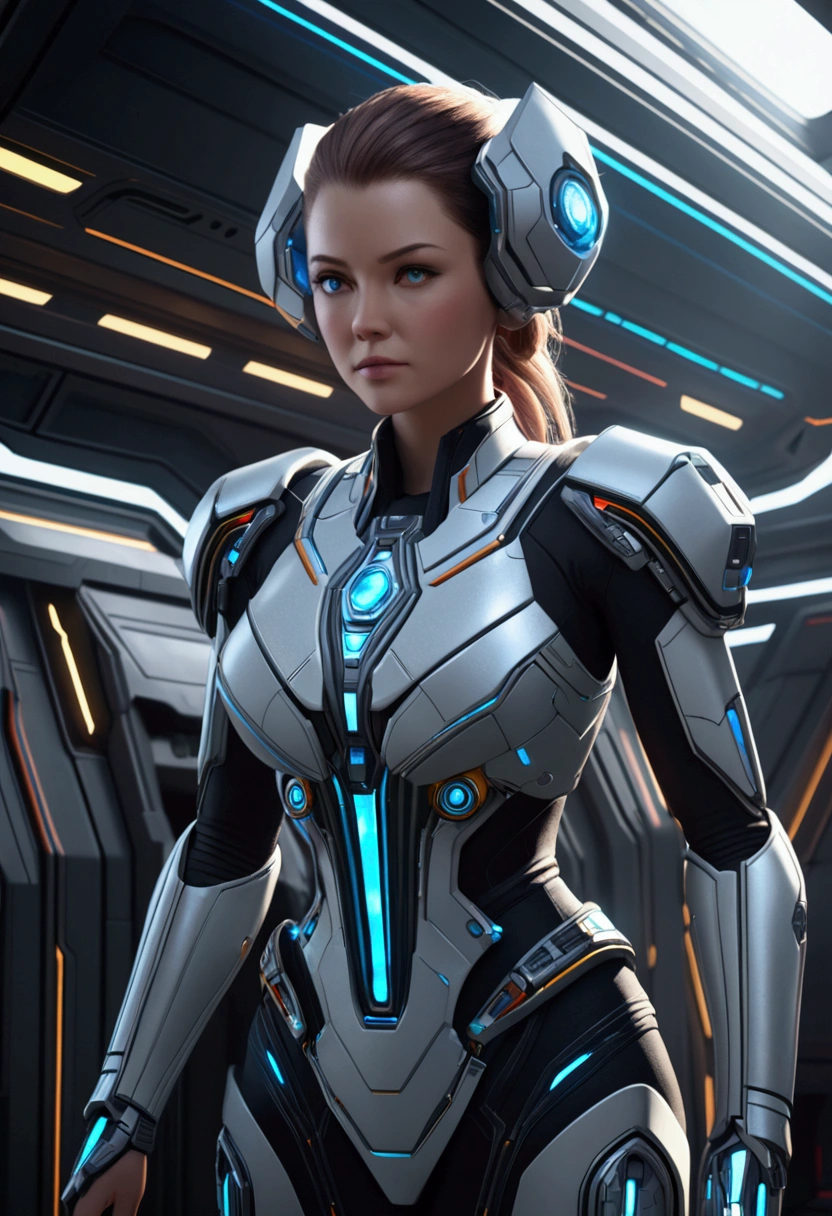 (happy cosmic woman), futuristic space station, in space, high quality photography, 3 point lighting, flash with softbox, 4k, Canon EOS R3, hdr, smooth, sharp focus, high resolution, award winning photo, 80mm, f2.8, bokeh , detailed, realistic, 8k uhd, high quality