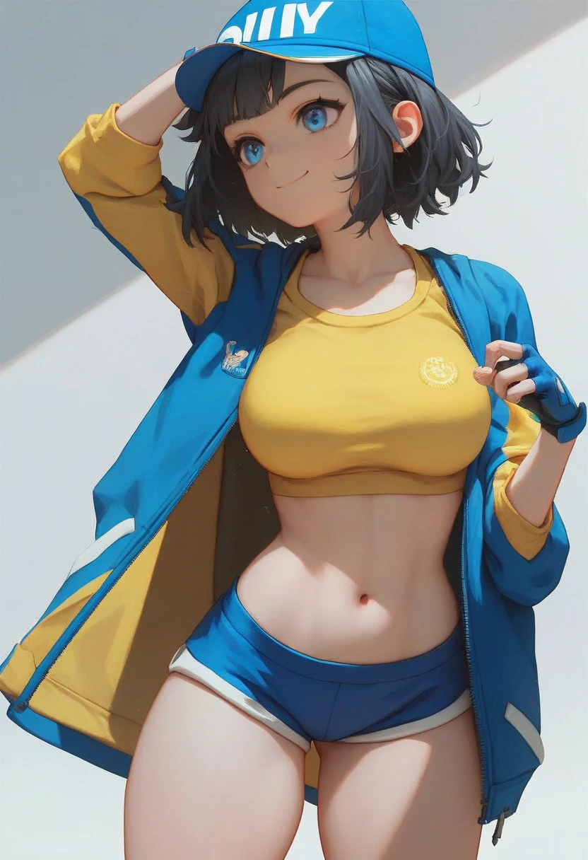 score_9, score_8_up, score_7_up, source_anime, best quality, clear face,fast skinny girl,black hair, blue eyes, medium hair, large breasts, perfect body, standing, slight smile, open yellow shirt,blue mini shorts, indoor, pose,cool,simple design,cute, thick legs, hat cap,blue cap,exposed belly,blue cool fingerless gloves,