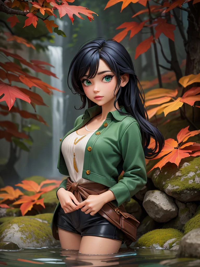 masterpiece, best quality, autumn outfit, colorful hair, outdoor,upper body, colorful autumnal clothes, ((fully clothed)), warm clothes, wet clothes, soaked, drenched, excited, wet hair, wet and slimy, water up to her chest, submerged, fantasy environment, fantasy chinese environment ,fantastical, vivid colors, varied poses, detailed green eyes, beautiful Asian girl, frankie.babe