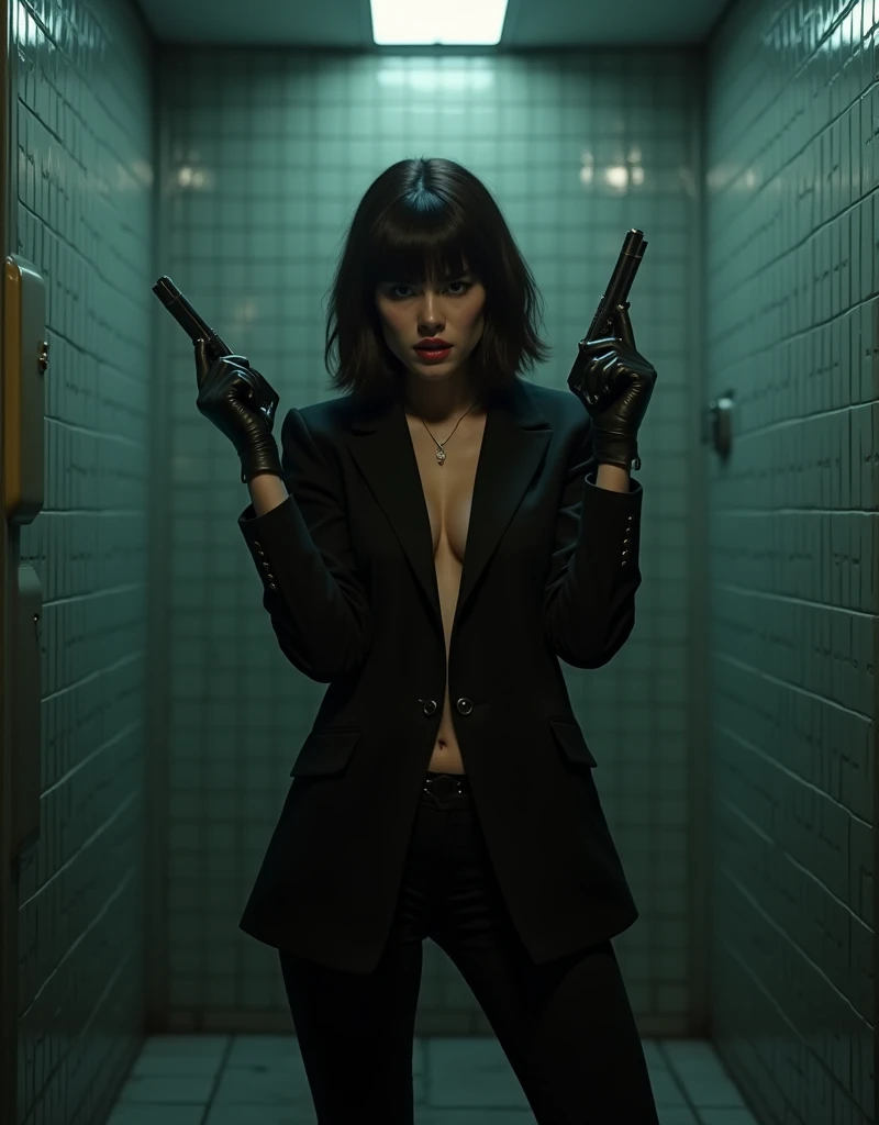 Blade Runner style futuristic city street, at night. (((1girl, solo, alone))), large-breast:1.3 slim:0.8 body, medium hair, cleavage:1.1, sexy micro laced lingerie with jacket, (black sunglasses), ((she raised a pistol:1.8 and shot the viewer)), standing pose, ((half-body thigh:0.95 level medium shot)), cinematic lighting, lens flare, ray tracing.