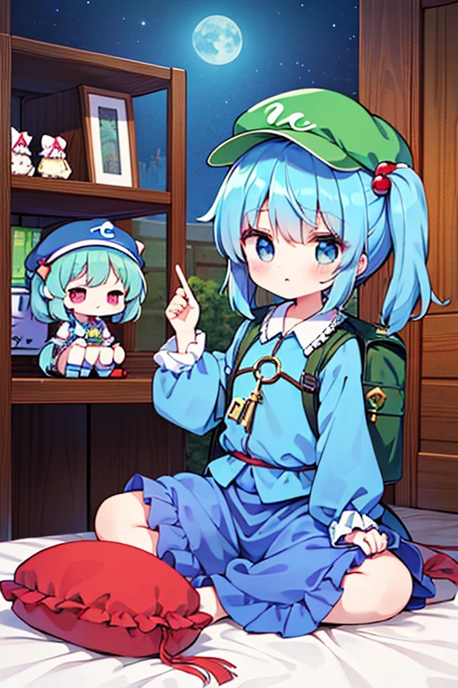 {{{{{kawashiro nitori (touhou), blue eyes, blue hair, medium hair, two side up, short twintails, sidelocks, blue shirt, long sleeves, puffy sleeves, collared shirt, frilled shirt collar, blue skirt, skirt set, pocket, green headwear, flat cap, hair bobbles, backpack, key, blue rubber boots（touhou）}}}}}} kawashiro nitori and the characters of the Touhou Project (Touhou) sleep in a fantasy room filled with cute racehorse stuffed toys and racehorse dolls.