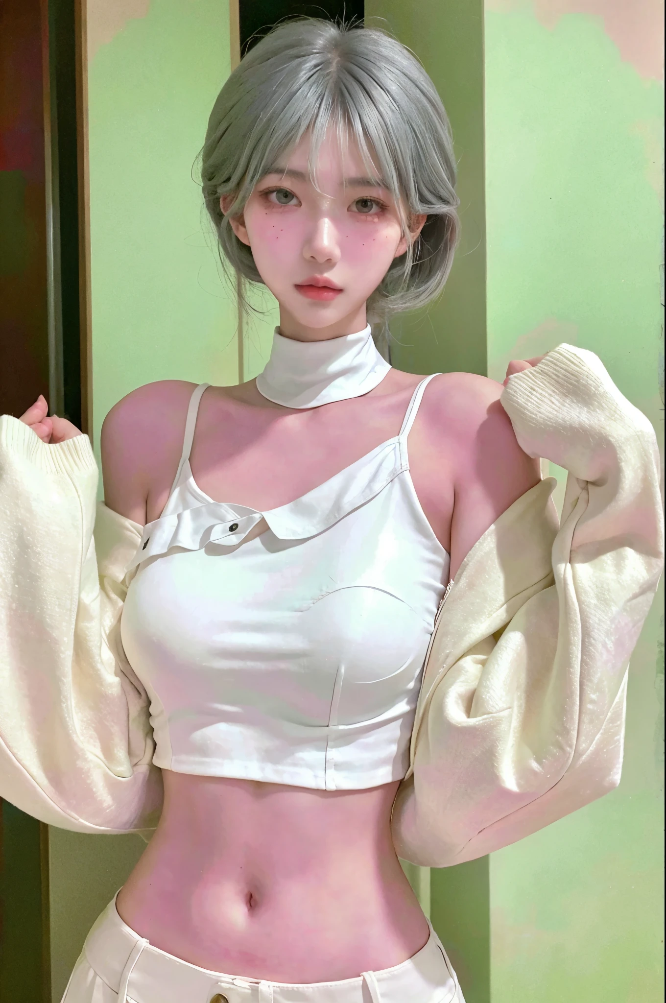 Beautiful woman with perfect figure:1.4,Ultra-high resolution,White background,(Realism:1.4),Layered hairstyle,White skin,JK:1.5,Super short pleated skirt,whole body:1.4,Very delicate and skin texture,Double eyelids,Skin Whitening,short hair,White hair