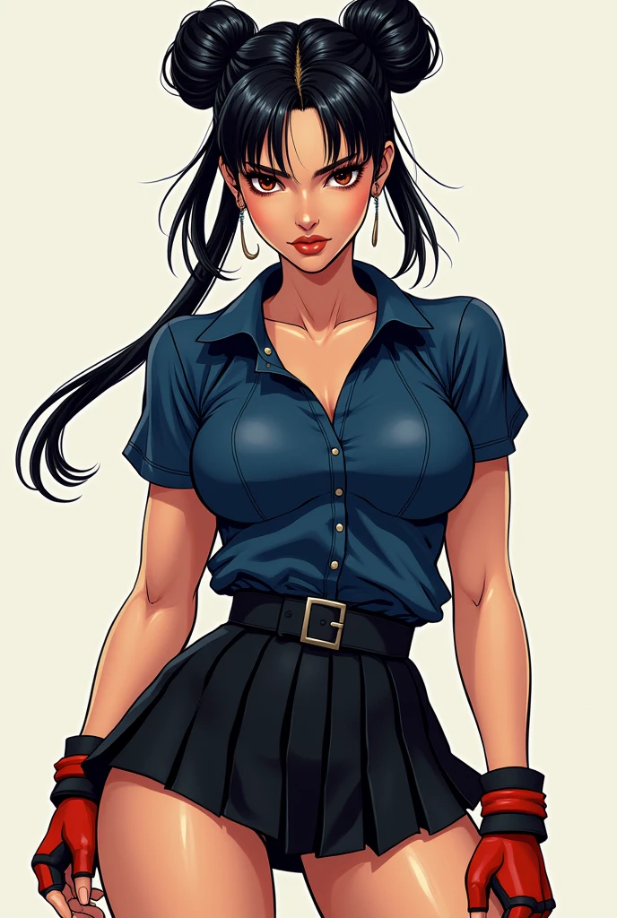  glamorous, short blue plaited skirt, tied white shirt, red bra, midriff, black hair in pony tail