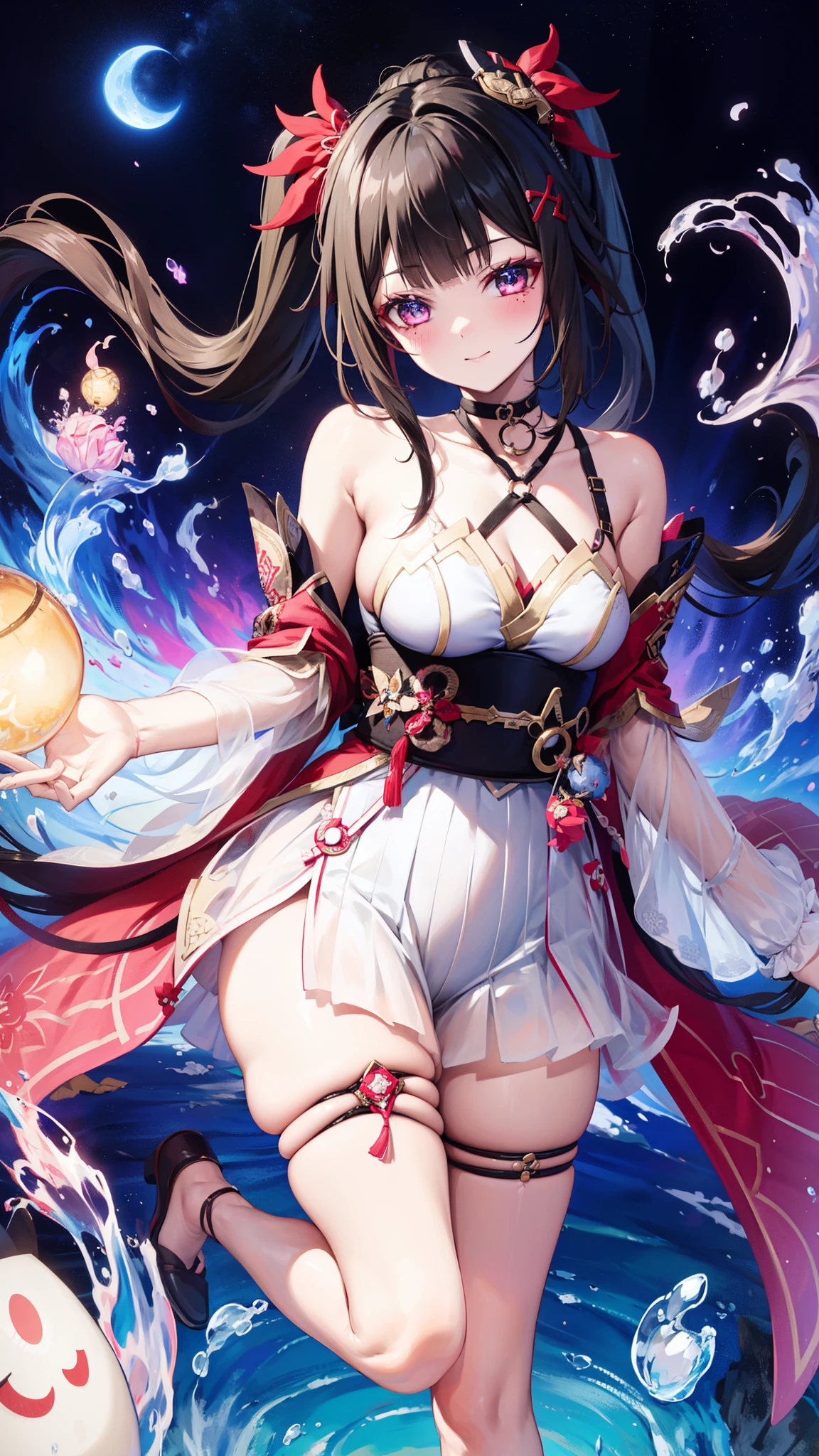 age girl ,obsessed, Have Fun ,in love,(Big white spiral dress ),sparkle, transparent clothes,Exquisite hair accessories, transparent lace ,night,Dress nicely, carved suspenders , slim beautiful face with double ponytail, Black Hair, Blushing, seven-part lens,