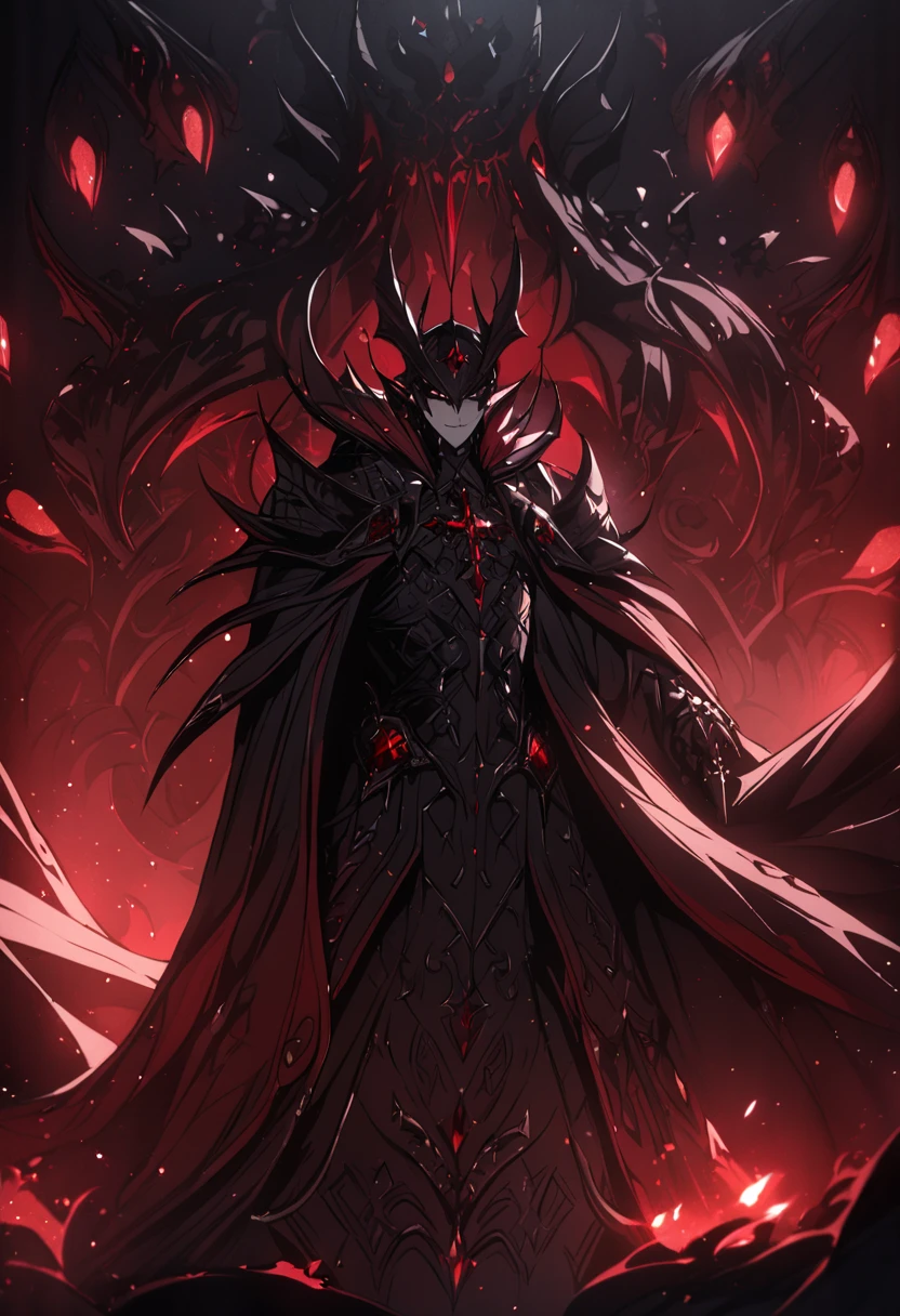 Vampire Lord, black armor robe, red cloak, cinematic lighting, highly detailed, intricate details, epic fantasy, dramatic shadows, 8k, best quality, masterpiece, professional