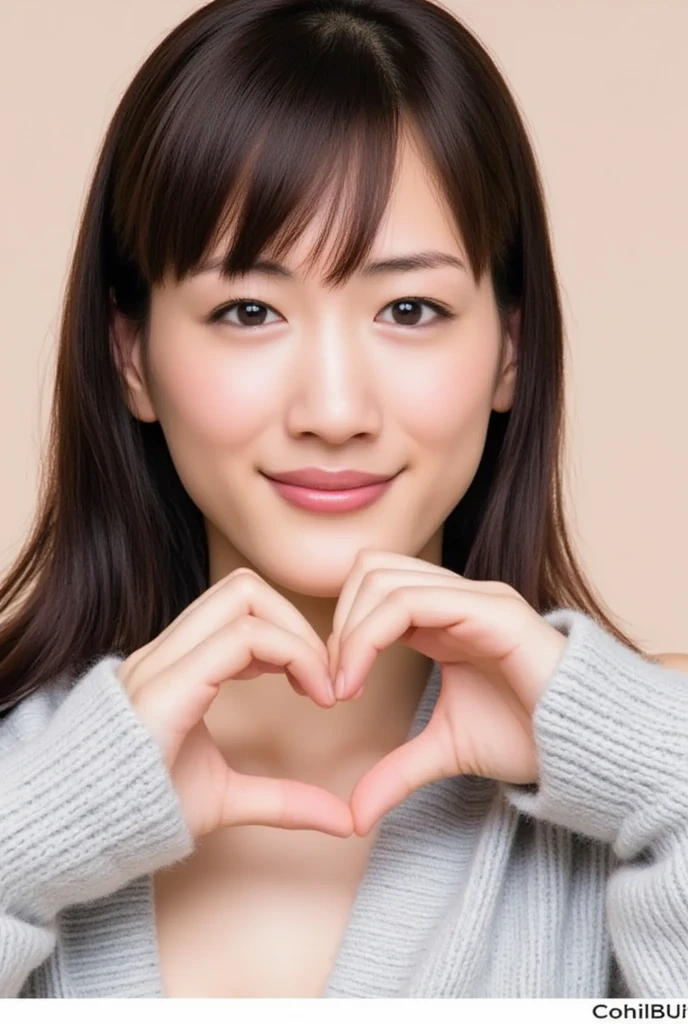 She is in  a (((breasts, cleavage, nude, nipples))), making a firm big heart shape with both hands, and holding it in front of her chest, Cute smile up、Monotone background

