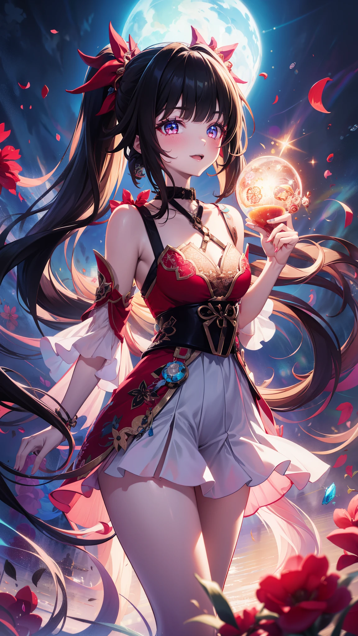 age girl ,obsessed, Have Fun ,in love,(Big white spiral dress ),sparkle, transparent clothes,Exquisite hair accessories, transparent lace ,night,Dress nicely, carved suspenders , slim beautiful face with double ponytail, Black Hair, Blushing, seven-part lens,
