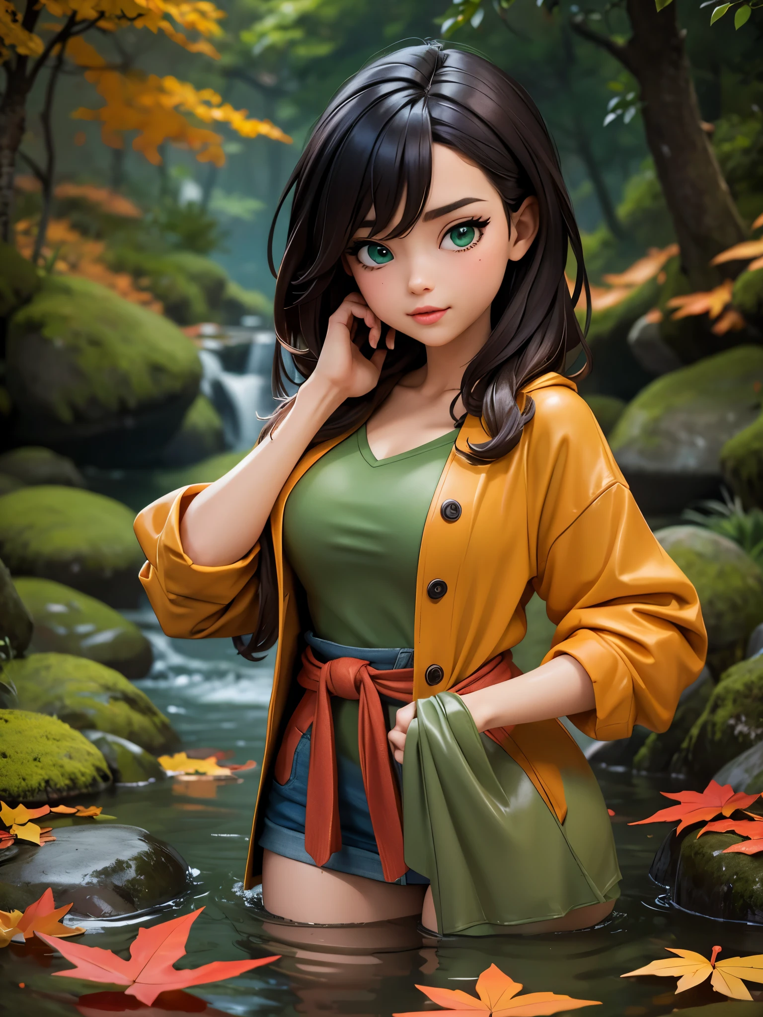 masterpiece, best quality, autumn outfit, colorful hair, outdoor,upper body, colorful autumnal clothes, ((fully clothed)), warm clothes, wet clothes, soaked, drenched, excited, wet hair, wet and slimy, water up to her chest, submerged, fantasy environment, fantasy chinese environment ,fantastical, vivid colors, varied poses, detailed green eyes, beautiful Asian girl, frankie.babe