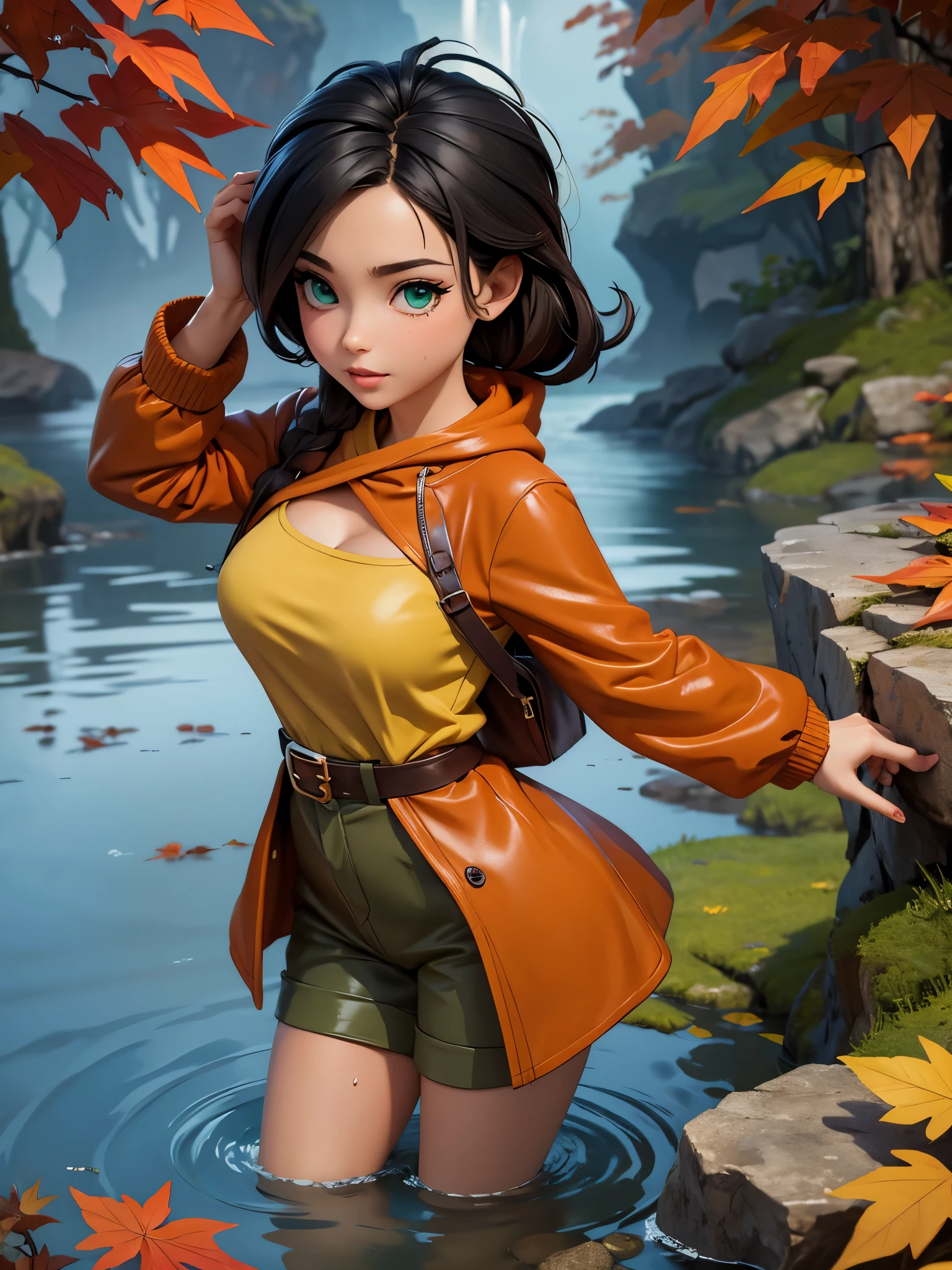 masterpiece, best quality, autumn outfit, colorful hair, outdoor,upper body, colorful autumnal clothes, ((fully clothed)), warm clothes, wet clothes, soaked, drenched, excited, wet hair, wet and slimy, water up to her chest, submerged, fantasy environment, fantasy chinese environment ,fantastical, vivid colors, varied poses, detailed green eyes, beautiful Asian girl, frankie.babe