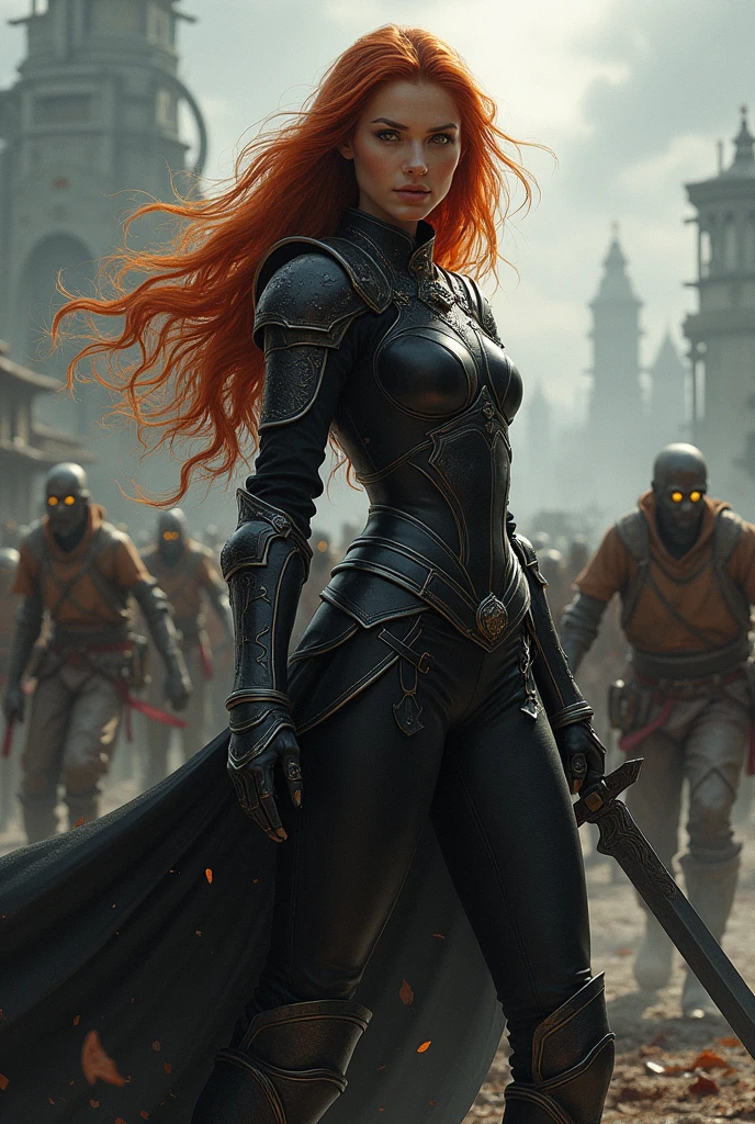 A picture of an antagonist apocalypse Female warlord with a style of a glam metal rock star, Don Lawrence style with Studio Ghibli aesthetic