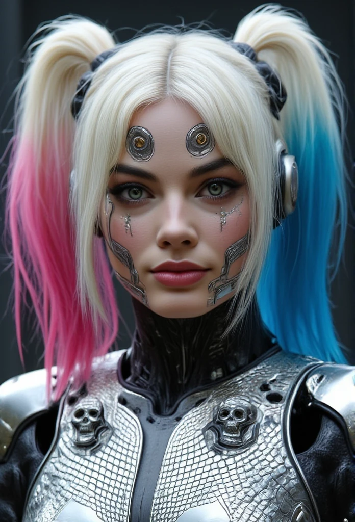 ((masterpiece)) ((photography)) ((Highest quality)) ((Close-up)) portrait of a futuristic cyborg Harley Quinn with a human face featuring a durable metallic hammer-shaped implant on the forehead resembling an integrated circuit. Her hair is white with shades of pink and blue. She wears a metallic armor top adorned with silver skulls, adding a mix of sleek futurism and rebellious flair.