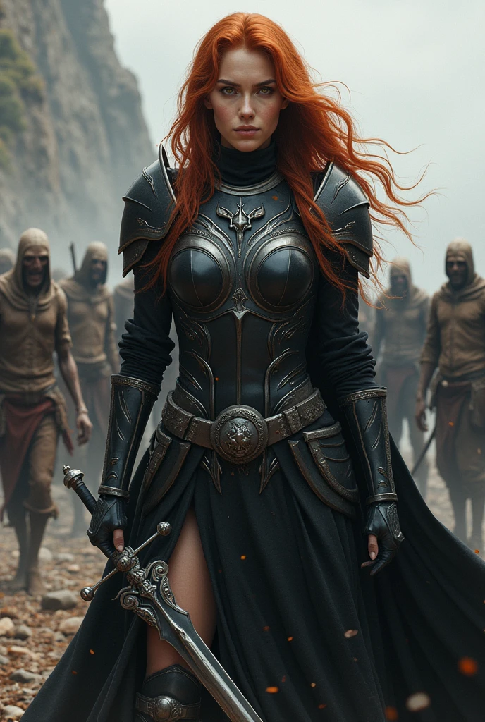 a snowy night war background, create a full body image of a gorgeous woman standing, one foot planted in the snow, another foot on a deceased man's chest, with long extra curly red hair and long bangs at the sides of his face, light freckles, sharp features and slanted half-closed glowing light purple eyes wearing a really fancy steampunk suit with straps, her chest area is open, neck-line shown, long black gloves, a frilled neck tie, black pants with black animal furs caping the back and side of his legs and knee-high strapped boots. sHe is holding a longsword, she is currently fighting other men in black armor, holding his sword towards them, other men fighting around her, with red snow at his feet/ boots. He has blood on his clothes. sHe has a long bloody scar going across his cheeks and nose.