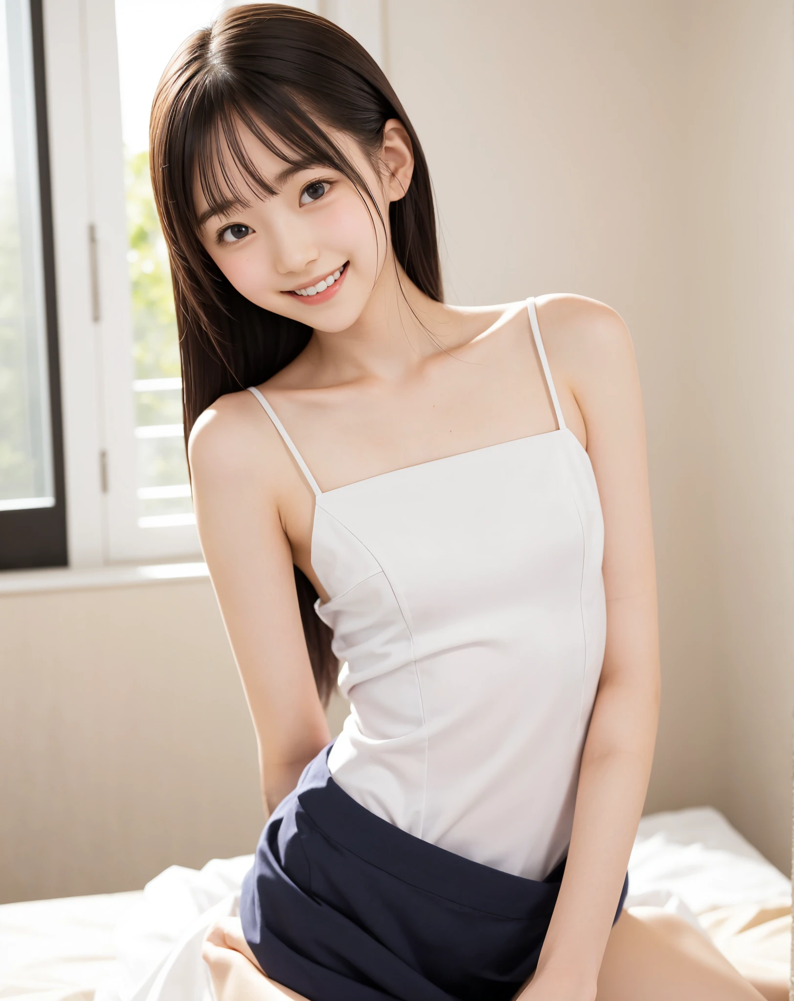 (Best-quality, Masterpiece, Ultra-High-Resolution, (Photorealistic:1.4), Raw Photo, depth of field, professional lighting, perfect anatomy, extremely details), 1girl, 15-years-old, the most famous Japanese idol, ((sitting on chair in kitchen, showing crotch, panty shot)), (wearing sleeveless casual-dress with cute-design), (looking at viewer), (innocent smile), (extremely cute face like the most popular Japanese idol, ((extremely cute and extremely big round-eyes)), extremely cute hair), ((((extremely beautiful and extremely realistic skins)))), extremely cute long-eyelashes, extremely cute lips, extremely childish body