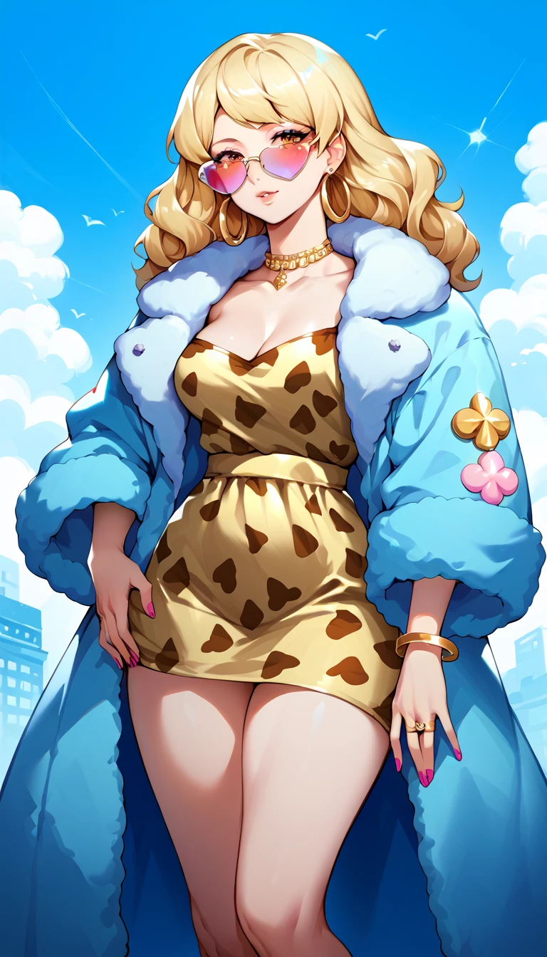 Mob Wife fashion, faux fur coat, oversized sunglasses, animal print dress, gold hoop earrings, gorgeous outfit, mobwifeaesthetic, bare skin on one side and thighs, long blonde wavy hair, silver bracelet, Broadway street