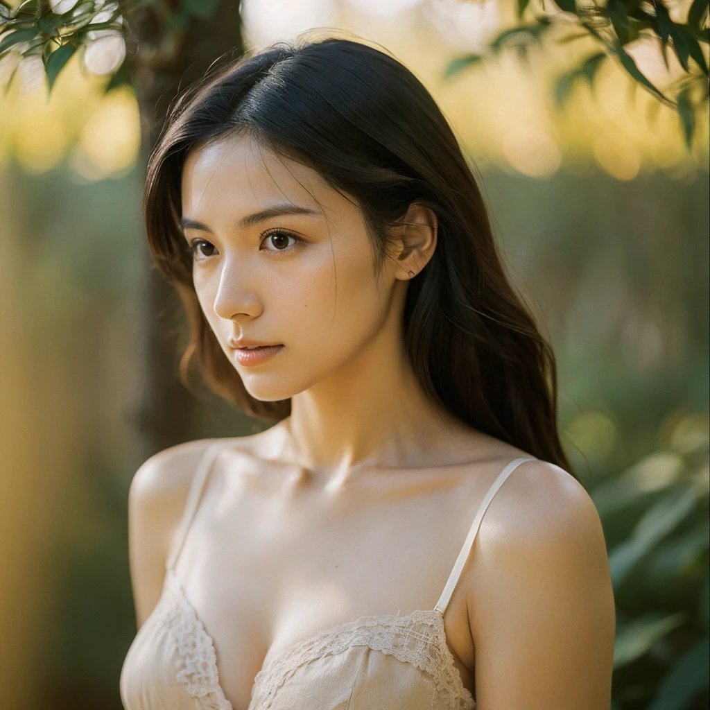 asian lady, naked , necklace, small breast, rounded shape breast, ((she)), ((mid-shot, upper body, slender waist)), Hair Up Do、 Glowing eyes, nose blush, Carl Larsson, Alfonse Mucha, Chiaroscuro, Film Glenn, reflective light, (((mid-Shot))), waist to top,longshot show full body, masterpiece, high details, sun light on her, leaf shading, (()) ,