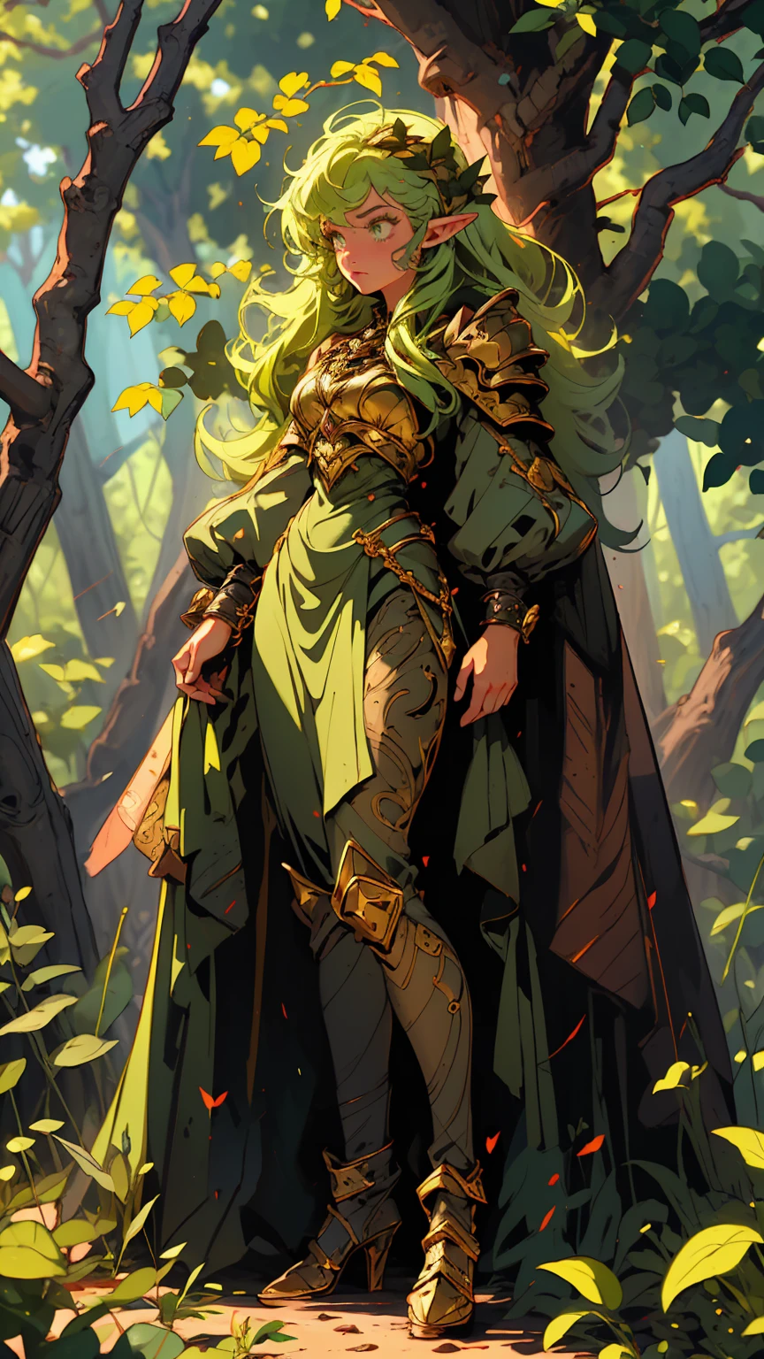 (((Masterpiece, best quality, high detailed, 16k))) (1girl) A tall, slender elf with flowing green hair resembling leaves in the breeze. Her golden eyes shimmer like sunlight through the trees. She wears a leather armor adorned with shifting leaves and vines that change colors with the environment. Lira is the protector of nature, capable of controlling plants and summoning forest creatures. Her presence is serene, yet her defensive strength is unyielding, always ready to shield her team from natural dangers. ((full body view))