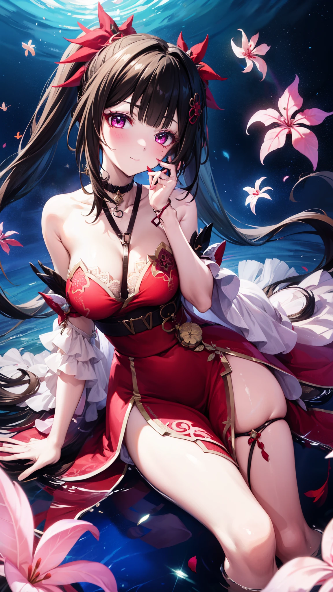   teenage girl  ，obsessed，   Have Fun   ，in love，(Big white spiral dress  )，sparkle， transparent clothes，Exquisite hair accessories， transparent lace ，night，Dress nicely， carved suspenders ，   slim beautiful face with double ponytail, Black Hair, Blushing,  seven-part lens, 