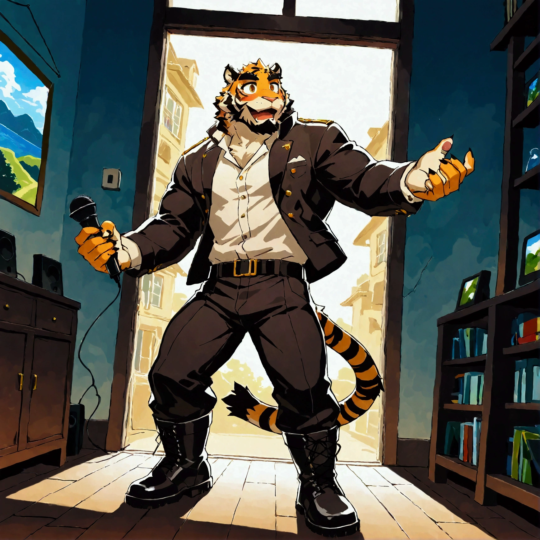 character focus, full body, looking away, dynamic angle, singer, a middle-aged tiger man, singer costume clothes, jacket, shirt, pants, boots, microphone singing, dynamic pose, BREAK complete anatomy, perfect proportions, beautiful thigh gap, fluffy body, intricate fur details, beautiful fur texture, BREAK a detailed tiger 1tail, detailed boots, detailed foot, detailed hands, 5fingers, 5fingers nails, BREAK aesthetic anime face, insanity detailed face, male face, big face, square jawline, aesthetic anime eyes, detailed brown eyes, detailed brown cornea, detailed dark brown irises, detailed pupils, male eyes, big eyes, male eyebrows, innocent look, beautiful beard, BREAK full body in Michelangelo Buonarroti style, digital illustration anime, housamo style, detailed painting landscape, live house, indoor, full color, HDR, BREAK masterpiece, official art, best quality, very aesthetic, absurdres, super fine illustration, great quality, BREAK noise reduction, very highres, large filesize, high quality, 32K, 8k wallpaper, dynamic lighting, BREAK insanity detailed, ultra detailed, intricate details, extremely detailed, detailed texture, an extremely delicate and beautiful, BREAK osukemo, e621 illustration, kemohomo, anthropomorphic, furry, cartoon, harmonious body, pastoral face, virtuous eyes, musicians atmosphere