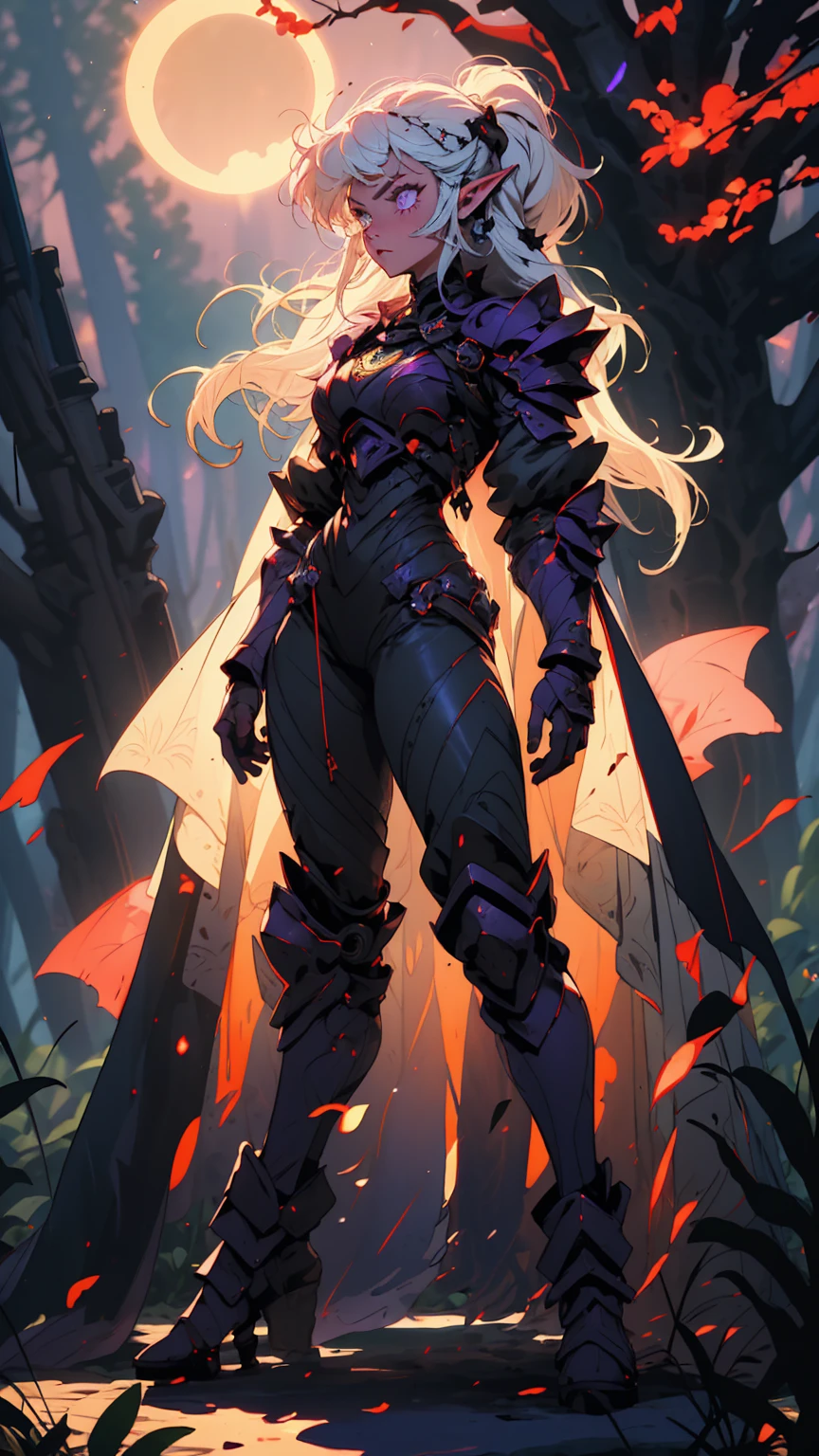 ((masterpiece, best quality, 16k)), ((full body)), (1girl), A mysterious demonic elf with flowing white hair and deep purple eyes, wearing sleek, shadowy armor that seems to merge with the darkness. Her armor has intricate, dark violet etchings that glisten like obsidian under moonlight. Her expression is stoic, with an air of wisdom and secrecy. Kaela wields a massive, curved shadow blade that hums with dark energy. Ethereal, shadowy wings emerge from her back, making her presence both haunting and majestic. She stands in a mist-filled, moonlit forest, her figure blending into the shadows around her. ((full body front view)), (extremely detailed:1.5)