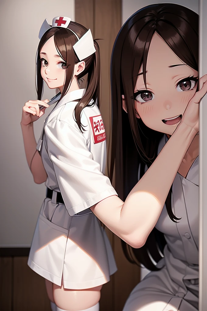 takagi-san adult, brown hair, brown eyes, parted bangs, ponytail, solo, nurse, ((white nurse cap, white nurse's outfit)), ((white legwear, zettai ryouiki)), white gloves, smile, open mouth, standing, hospital room, sharp outline, short sleeves, best quality, masterpiece,
 thighs, bare shoulders,  classroom, he finished, smile,
Alone,  looking at the viewer , ahegao, cum on face,  penis, segurando  penis 