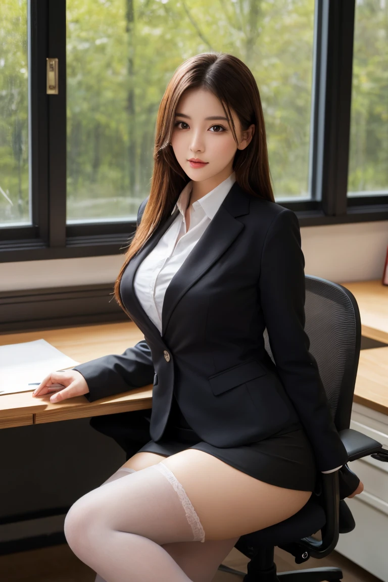 Wet miniskirt office lady suit、Huge edium brown hair、25-year-old gravure idol、Shiny oily skin、Shiny thighs、Sit and cross your legs、Panty shot