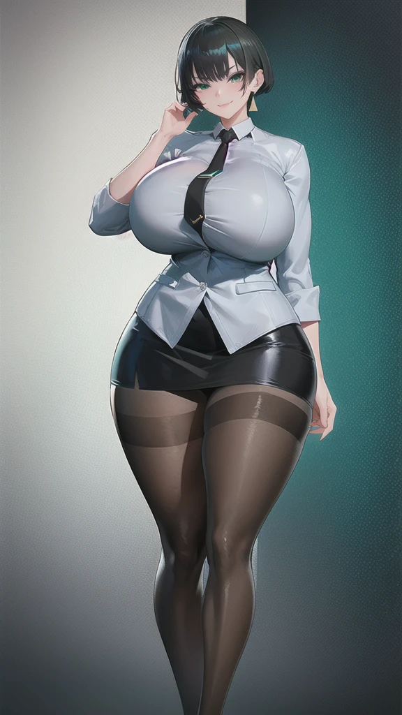 SFW, (Matte texture), 1 woman, ALLMIND, smug, naughty smile, (black hair), (short bob), earring, (green eyes), tall and slim, (sensual body), (stocky build:1.1), (gigantic breasts), (extremely thick huge thigh:1.1), (wide hip), (business suit, shirt, tight skirt), (Pantyhose:1.1), Fastened buttons, (cyberspace background), masterpiece, high quality, high detail