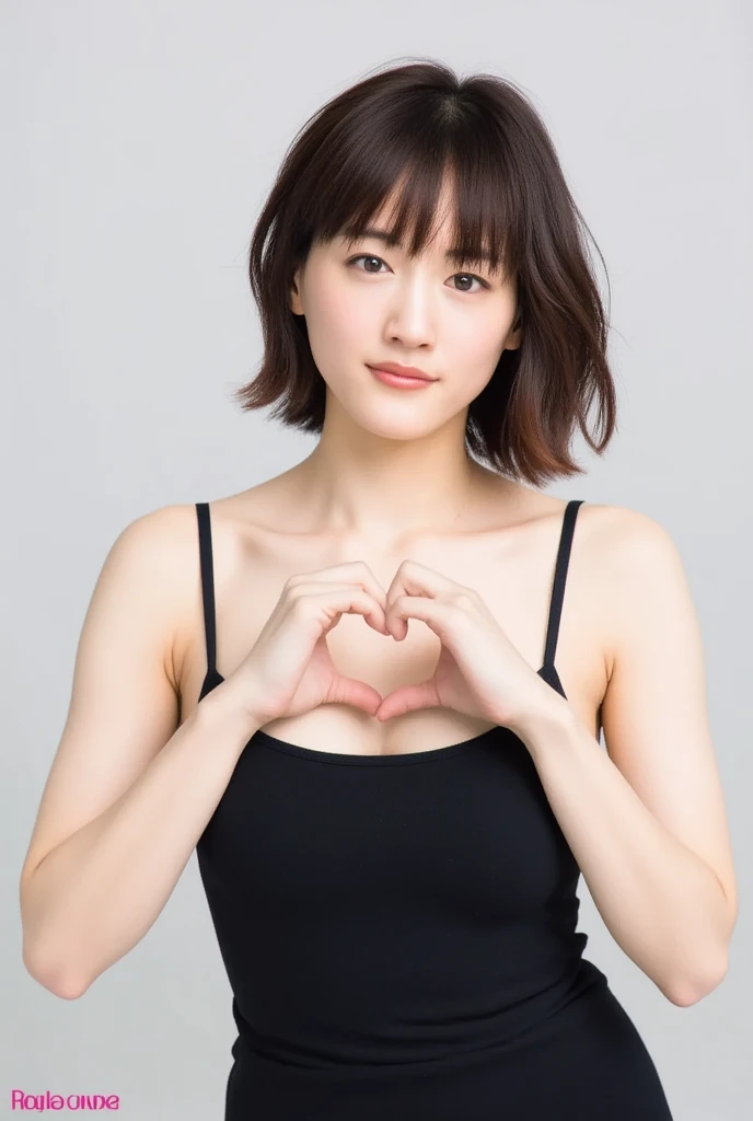 She is in a pose wearing a sexy camisole, making a firm big heart shape with both hands, and holding it in front of her chest, Cute smile up、Monotone background

