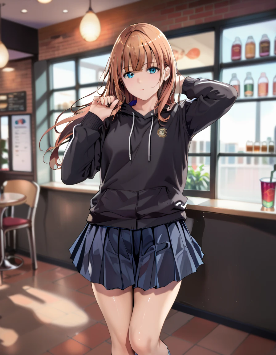 masterpiece,best quality,absurdres,1girl,shiny_skin,solo,pensive look,brown hair,long hair,straight hair,black sweatshirt, gray miniskirt, pleated skirt,white sneakers,perfect body,dynamic pose,cafe,intricate details,cinematic composition,portrait