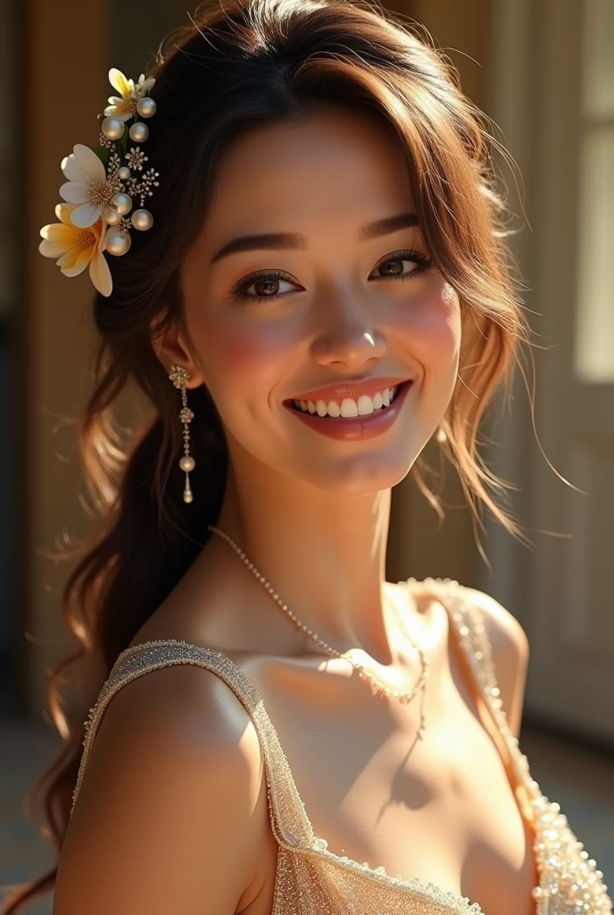 (RAW Photo, DSLR, 8K, HDR), minimalism photography, (medium shot), masterpiece, award winning photo,(absurdres, highres, ultra detailed, beautiful and aesthetic:1.2), half-body fashion portrait of a model girl, smiling, traditional clothes, lifelike skin texture, beautiful eyes, ethereal lighting, whitewashed, graceful balance, shadow play