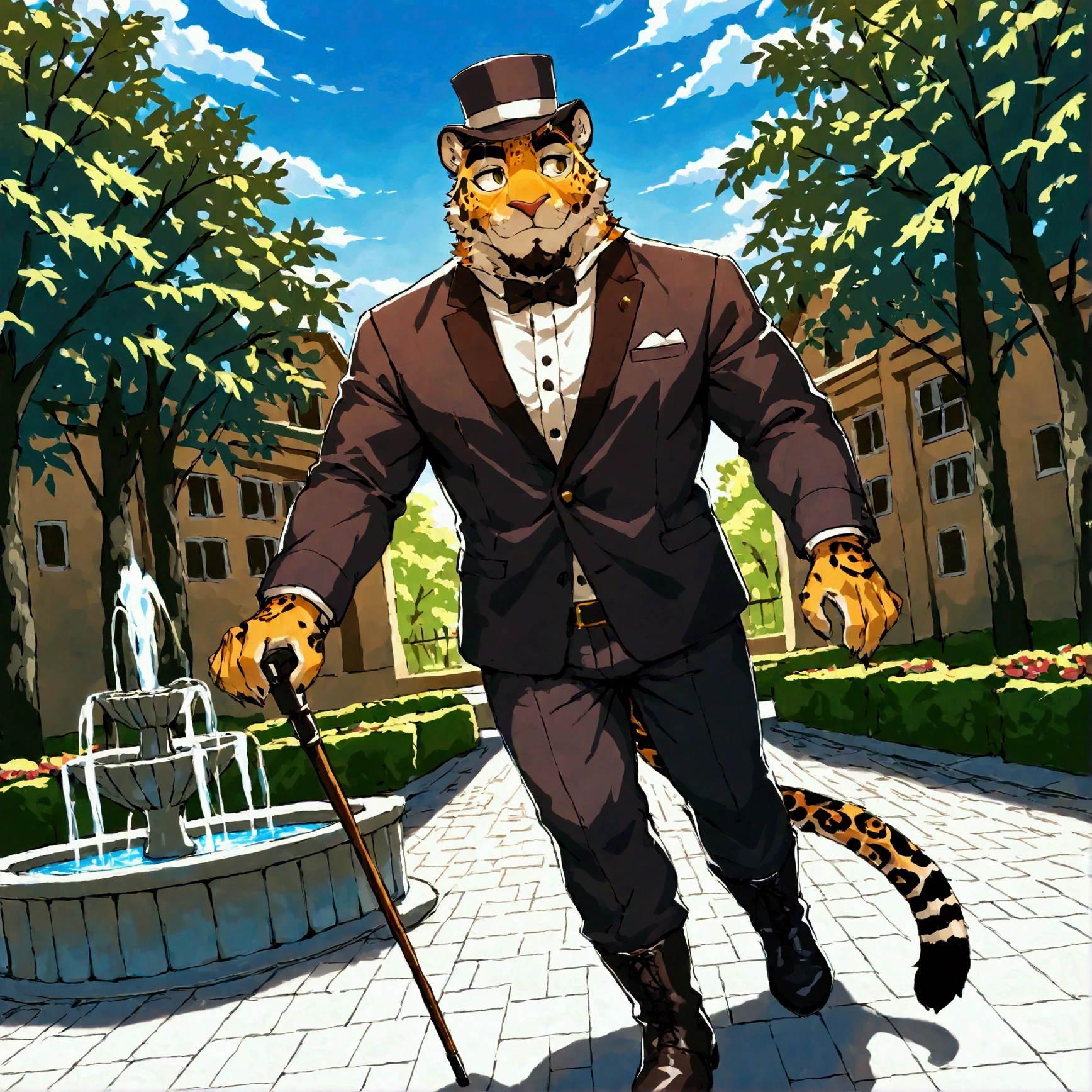 character focus, full body, looking away, dynamic angle, gentleman, middle-aged british jaguar man, elegant, little smile, gentleman suit, silk hat, stylish walking stick, strolling, elegant pose, BREAK BREAK full body in Michelangelo Buonarroti style, housamo style, digital illustration anime, detailed landscape design, afternoon, elegant english garden, path, fountain, full color, HDR, BREAK complete anatomy, perfect proportions, beautiful thigh gap, fluffy body, intricate fur details, beautiful fur texture, BREAK a detailed jaguar 1tail, detailed boots, detailed foot, detailed hands, 5fingers, 5fingers nails, BREAK aesthetic anime face, insanity detailed face, male face, big face, square jawline, aesthetic anime eyes, detailed brown eyes, detailed brown cornea, detailed dark brown irises, detailed pupils, male eyes, big eyes, male eyebrows, innocent look, beautiful beard, BREAK masterpiece, official art, best quality, very aesthetic, absurdres, super fine illustration, great quality, BREAK noise reduction, very highres, large filesize, high quality, 32K, 8k wallpaper, dynamic lighting, BREAK insanity detailed, ultra detailed, intricate details, extremely detailed, detailed texture, an extremely delicate and beautiful, BREAK e621 illustration, osukemo, kemohomo, anthropomorphic, furry, cartoon, harmonious, pastoral face, virtuous eyes, gentle atmosphere