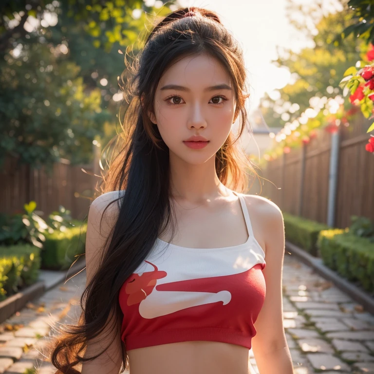 "Create realistic digital images of,, a young Asian woman with a round face , Glowing Pink Body ,  white skin like glazed tiles, Red cheeksอมชมพู, Black hair, Ponytail, long hair is a crumb floor 2 meters long ,My hair flutters in the wind., Red cheeks,  wearing a blue-white camouflage T-shirt ,  with black lettering. The scene is outdoor, with a green background, and she is standing in front of a fence or a wooden wall. The atmosphere is serene and intimate by Natural light enhances the soft look and gives it a refreshing and approachable feel." High Quality Photos , 3d, 16k,  Portrait ,Glow light , การถ่ายmovies, movies, 