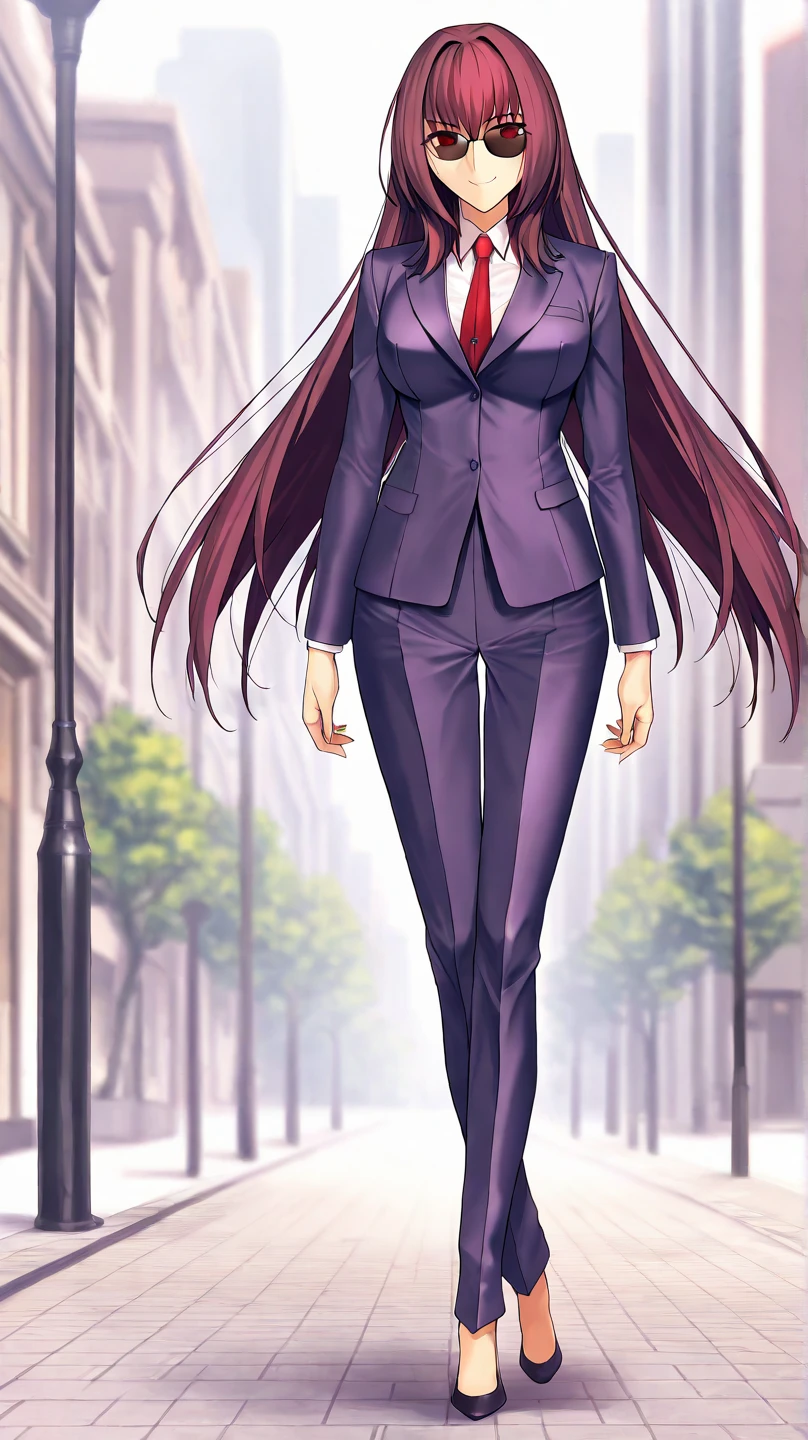 high resolution, masterpiece, necessary, detail, best quality, quality, necessary, tall details, High details, Precise, full body

street, city
 
1girl, alone, linda,  Costume, ufotable style, ufotable anime, smile

Scathach, scathach Fate Grand Order, fate,  Fate Grand Order, long hair, red eyes, suit, jacket, tie, shirt, sunglasses