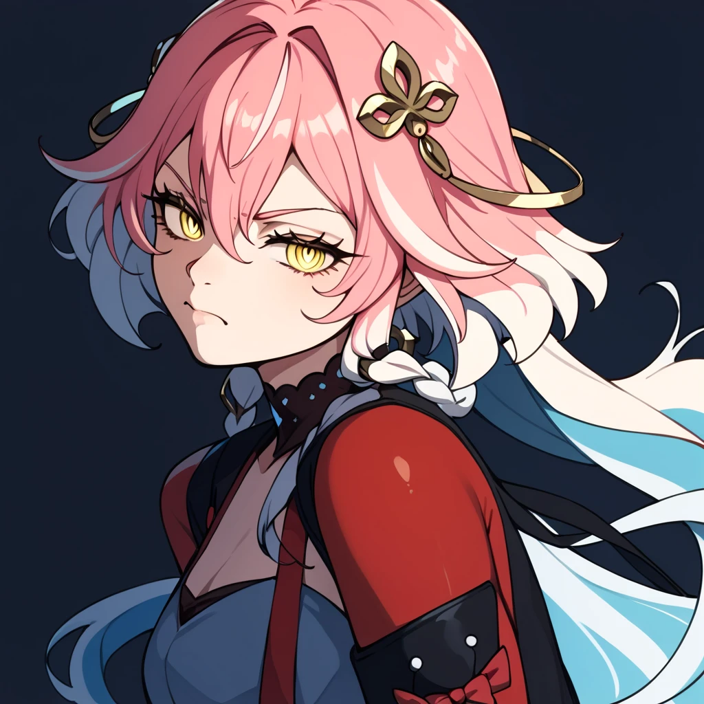 masterpiece, best quality, aokizy, 1girl, flat color, dark blue background, Changli \(Wuthering waves\) \(cosplay\),wuthering waves, Wuthering waves Changli, pink_hair, two-tone_hair, white_hair, yellow eyes, looking at viewer, serious, from side, female focus, empty eyes,