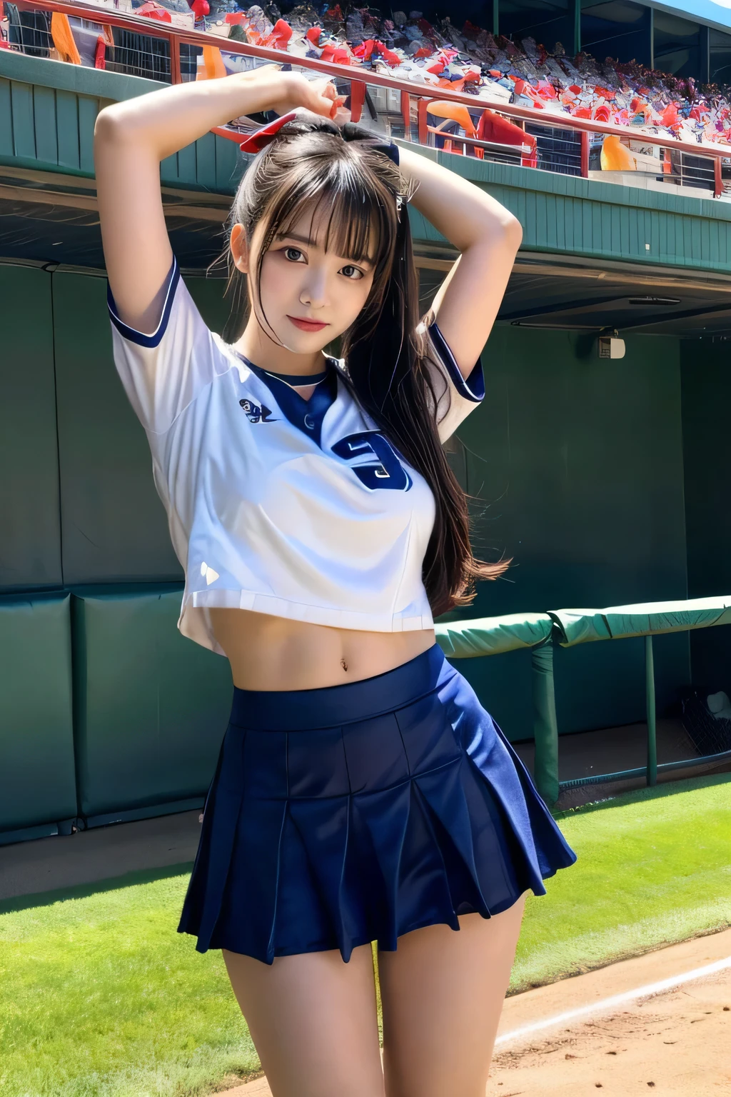masterpiece、Highest quality、Highest quality、Glowing Skin、(Big Breasts:1.2)、Nice body、Korean girl in cheerleader outfit、garden、Thigh to head、Panties are peeking out from under her miniskirt,