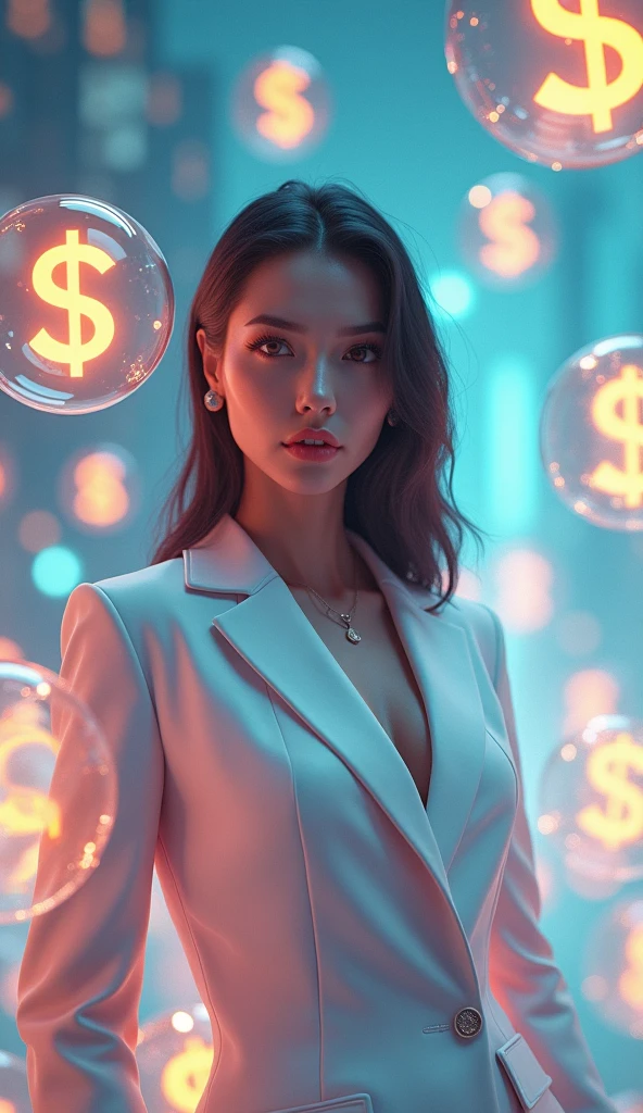 3d art woman Content creator surrounded by glowing “Dollar signs ...