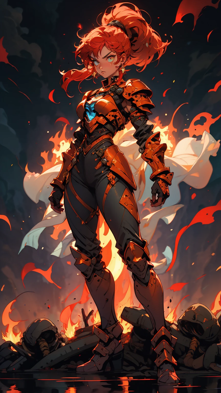 (((masterpiece, best quality, high detailed, 16k))) (1girl) A strikingly beautiful female master of flames with long, fiery red hair tied back in a high ponytail, her fierce presence commanding the battlefield. She wears an asymmetrical armor, with one arm and shoulder heavily armored in molten steel, the other exposed, revealing toned, fiery skin that radiates heat. Her armor is sleek yet rugged, glowing with embers, and adorned with flame-like designs. Her slender, athletic frame exudes strength and grace, as flames swirl around her body, reflecting her mastery of fire. Her piercing eyes burn with intensity, and her aura is both intimidating and captivating. ((full body front view)), ((extremely detailed)).