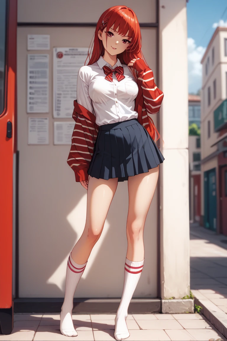 score_9, score_8_up, source_anime, coloured_anime, animefication, 1girl, slim_body, medium_breasts, wide_hips, shirt, long_sleeves, horizontal_stripes, red, white, skirt, long_socks, striped_socks, red, white