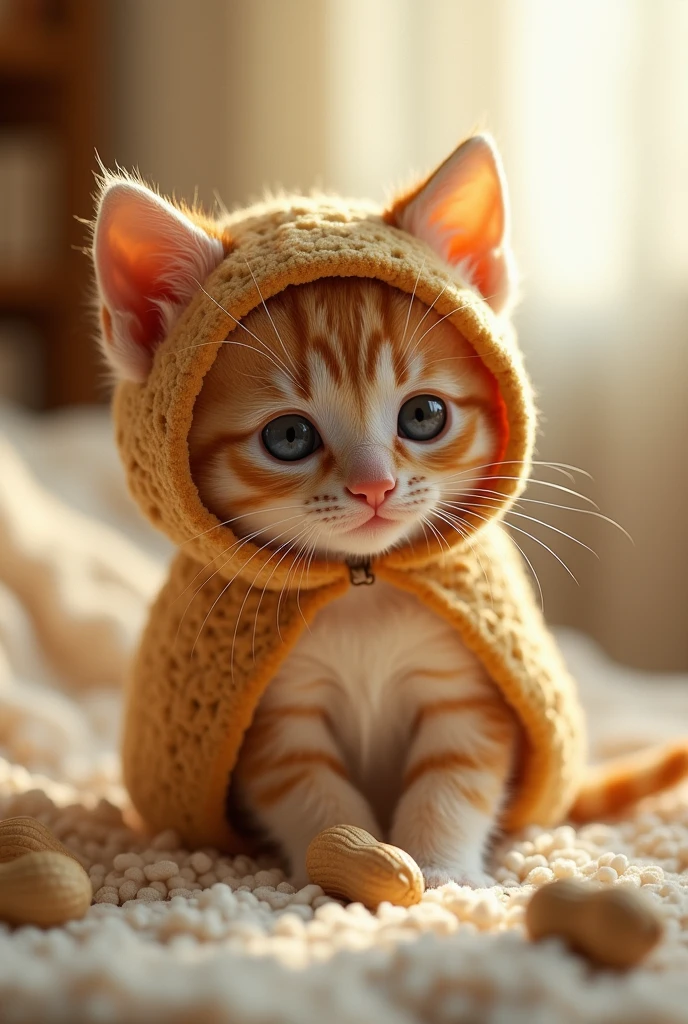 This image depicts a very cute kitten with fluffy white fur., big round black eyes, wearing a warm orange sweater. The sweater covered the cat's head., with two cat ears protruding from the top of the shirt. The cat has a small pink-orange nose., with cute short whiskers. He was holding the bottom of his sweater with both hands., posing as if curled up in a shirt to keep warm. The overall picture gives a warm feeling., cute and funny, with the main colors being orange and white, with soft light highlighting the cat's cuteness.