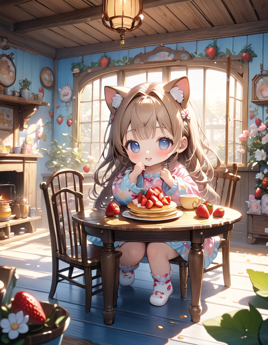 (masterpiece, ultra-detailed, best quality, clear focus, dramatic scene, cinematic), shadow, (ultra-high resolution, 8k), perfect anatomy, perfect face, (detailed face, detailed eye, chibi), cute Japanese chibi girl, famous Japanese chibi idol, very beautiful and cute and cool face, (wearing a cute colored room wear:1.3), (large breasts), (She is enjoying her breakfast of four layers of pancakes topped with strawberries and drizzled with honey:1.3), antique table and chair, sitting, at the dining room in the log house, in the morning, (detailed giant fat cat:1.2), she looks so happy, the cat is sleeping, there are cute furnishings in her room, Flower pot and cat in bay window, many cats are surrounding her, fireplace