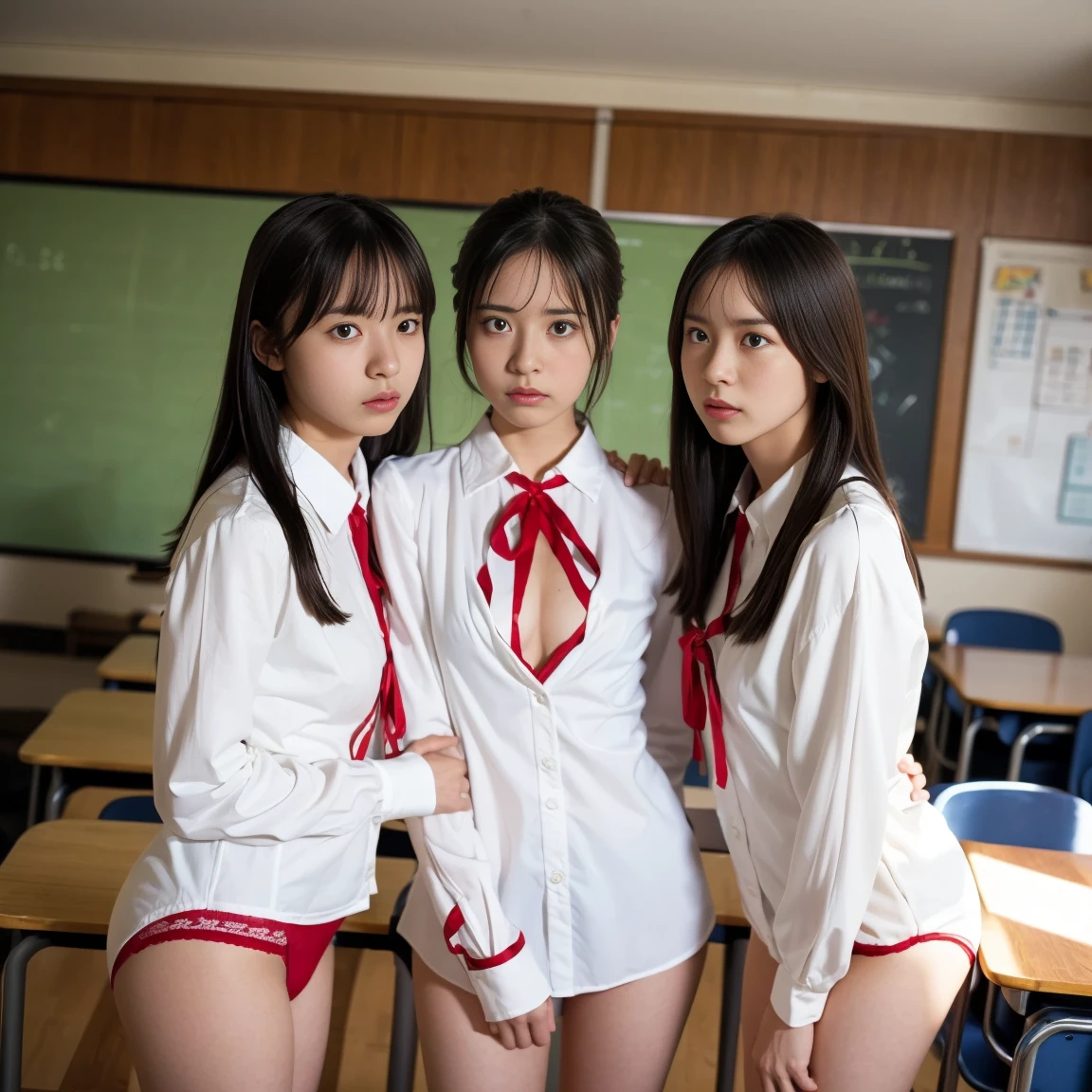 (3 high school girls standing side by side 1.3),(Close to each other:1.3),(( white blouse, red ribbon tie on the collar 1 .3)),((Panties 1.3)),(( small breasts:1.5)),((Classroom 1.3)),perfect anatomy, masterpiece,  best quality,8k, perfect face,  that warms you up with a kotatsu from the front,whole body, low angle, surprised expression, sad expression 