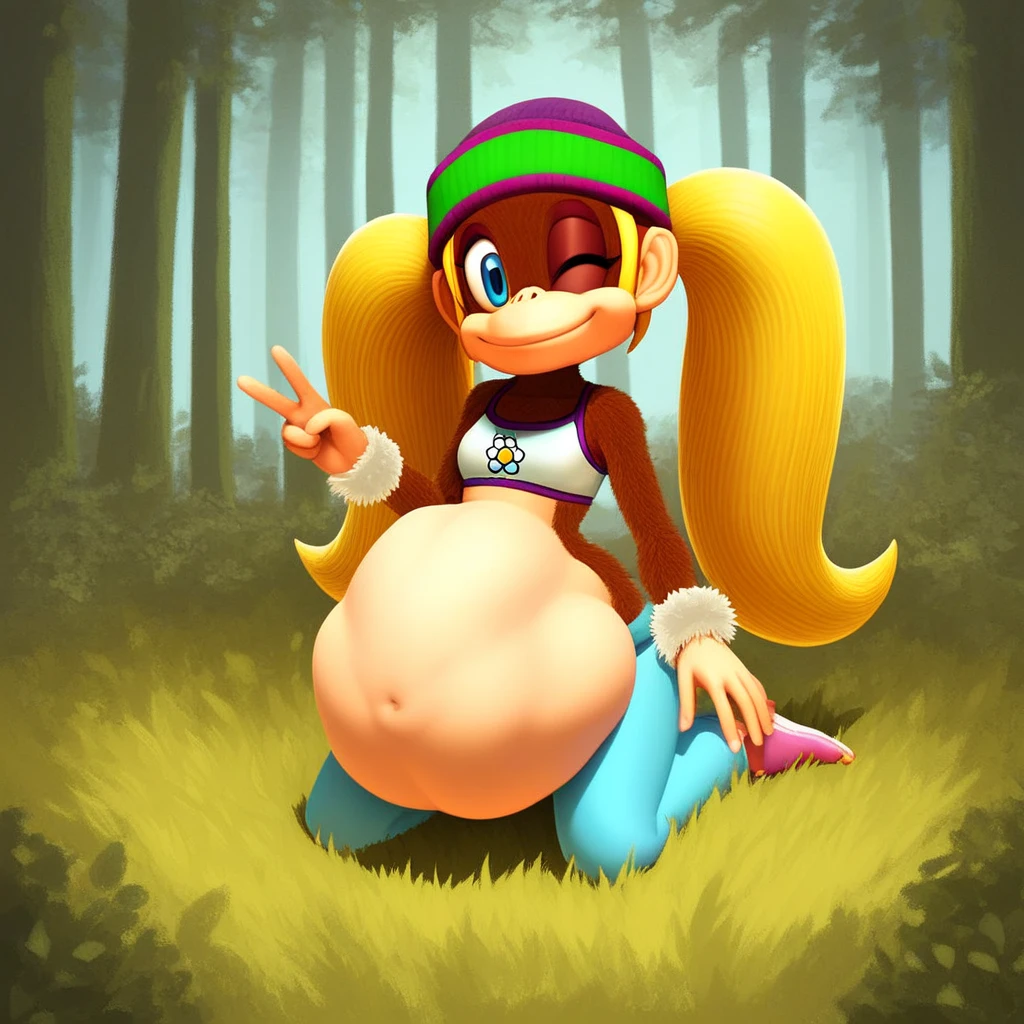 score_9, solo, t_kong, beanie, blonde hair, twintails, blue eyes, crop top, wristband, midriff, one eye closed, smile, v, forest vore large belly inside tails the fox stomach