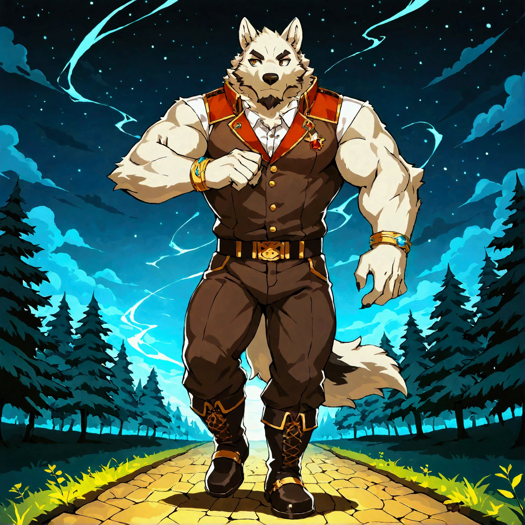 character focus, full body, looking away, various angle, european fantasy, a muscular middle-aged arctic wolf man, clothed, heroic costume, pants, kicking, dynamic pose, BREAK complete anatomy, perfect proportions, beautiful thigh gap, fluffy body, intricate fur details, beautiful fur texture, BREAK a detailed arctic wolf 1tail, detailed boots, detailed foot, detailed hands, 5fingers, 5fingers nails, BREAK aesthetic anime face, insanity detailed face, male face, big face, square jawline, aesthetic anime eyes, detailed brown eyes, detailed brown cornea, detailed dark brown irises, detailed pupils, male eyes, big eyes, male eyebrows, innocent look, beautiful beard, BREAK full body in Michelangelo Buonarroti style, digital illustration anime, housamo style, detailed painting landscape, night, arctic, path, outdoor, full color, HDR, BREAK masterpiece, official art, best quality, very aesthetic, absurdres, super fine illustration, great quality, BREAK noise reduction, very highres, large filesize, high quality, 32K, 8k wallpaper, dynamic lighting, BREAK insanity detailed, ultra detailed, intricate details, extremely detailed, detailed texture, an extremely delicate and beautiful, BREAK osukemo, e621 illustration, Fur Affinity illustration, kemohomo, anthropomorphic, furry, cartoon, harmonious body, pastoral face, virtuous eyes, epic atmosphere