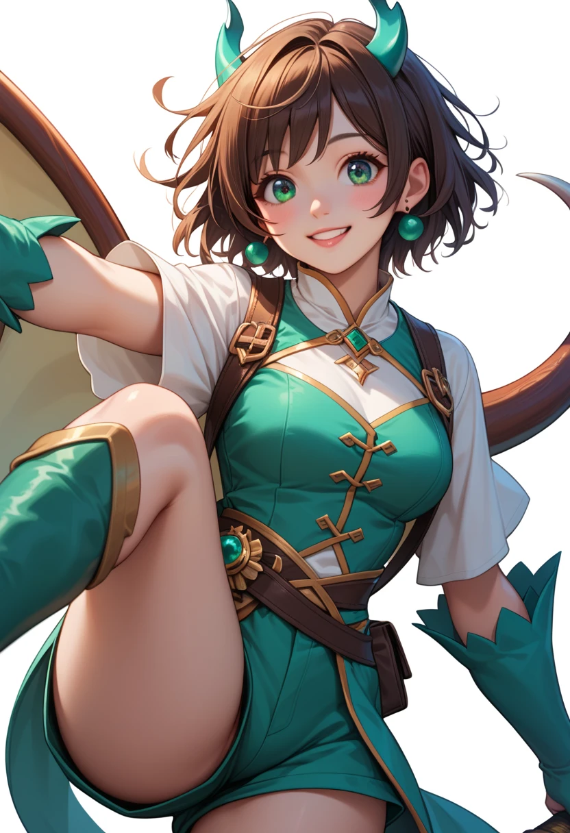 masterpiece, high quality, dragon girl, green skin, brown horns, long tail, hairy tip on tail, long black hair, black holes in shoulders, pink pupils, Tender smile, a white blouse, Long blue skirt, Brown boots, black sclera