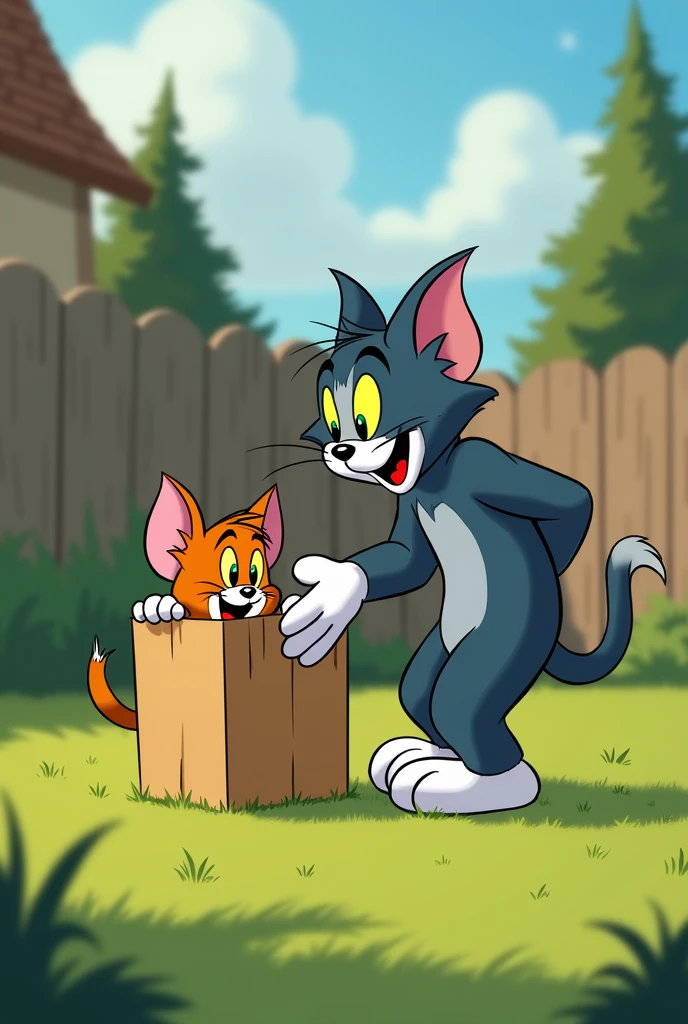view:  Tom dragged Jerry's container out into the yard.  He was going to drop the box into the lake .
Action :  Just then ,  a neighbor's dog appeared . Tom got scared ,  dropped the runaway box .  Jerry quickly got out of the box ,  teased Tom .
