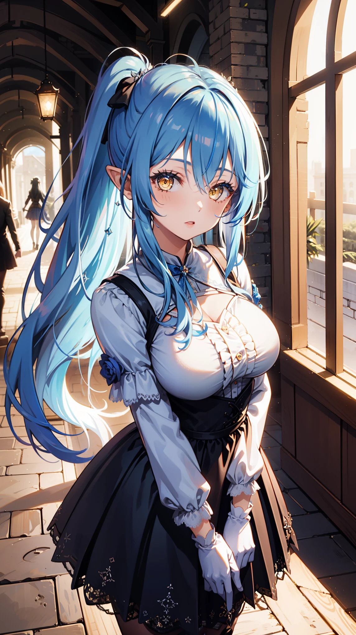 （（（masterpiece、Highest image quality、highest quality、highly detailed unity 8ｋwallpaper）））、（（Illustration of one girl、upper body））、（（（beautiful girl）））、（librarian）、blue hair、（stocky build, thickset physique：1.3, broad shoulders, solid chest）、big breasts、librarian服