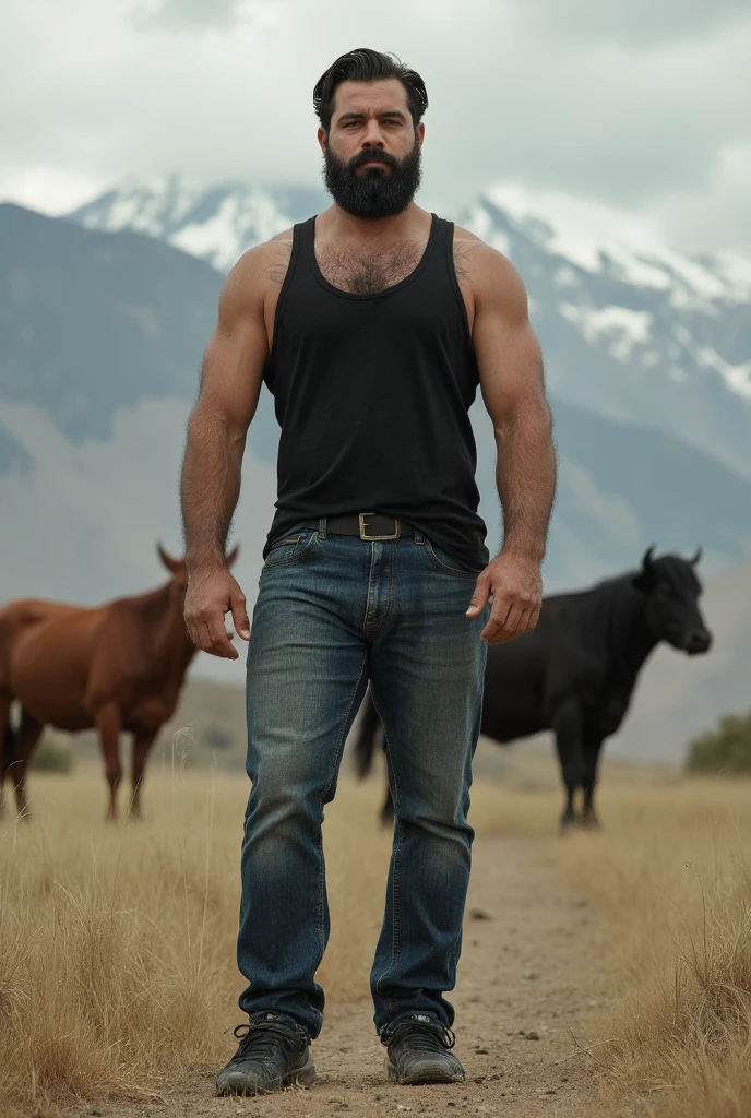 Un retrato de personaje [Man from Mexico, pelo corto, barba delineada, cuerpo peludo, macho alfa, huge biceps, pantalones vaqueros, camisa negra en movimiento por el aire, zapatos deportivos, varonil, Standing in front of a mountain with cows and horses] 8k, Alto detalle, Beautiful, Edad Oscura, Arte de Stanley Artgerm, por Daniel f gerhartz, por Pino Daeni, Altamente detallado, foco nítido.