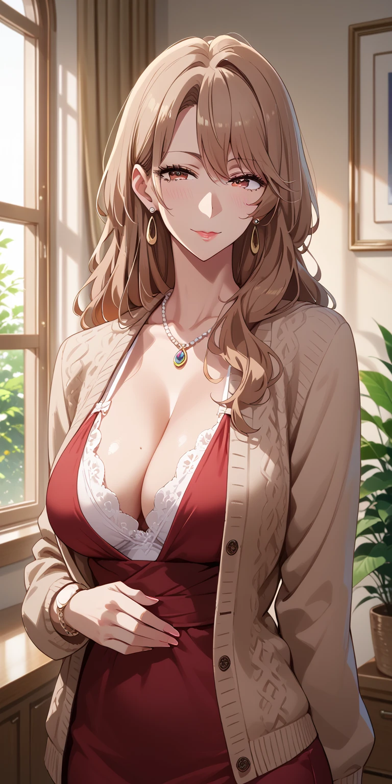 Score_9, Score_8_up, Score_7_up, Source_anime, anime art, anime style, very aesthetic, masterpiece, high quality, 1girl, elegant mature woman, milf, curvaceous, dress, cardigan, seductive pose, saggy breasts, seductive face, standing beside window, miyako saitou, long hair, brown hair, brown eyes, cinematic lighting, upper body 