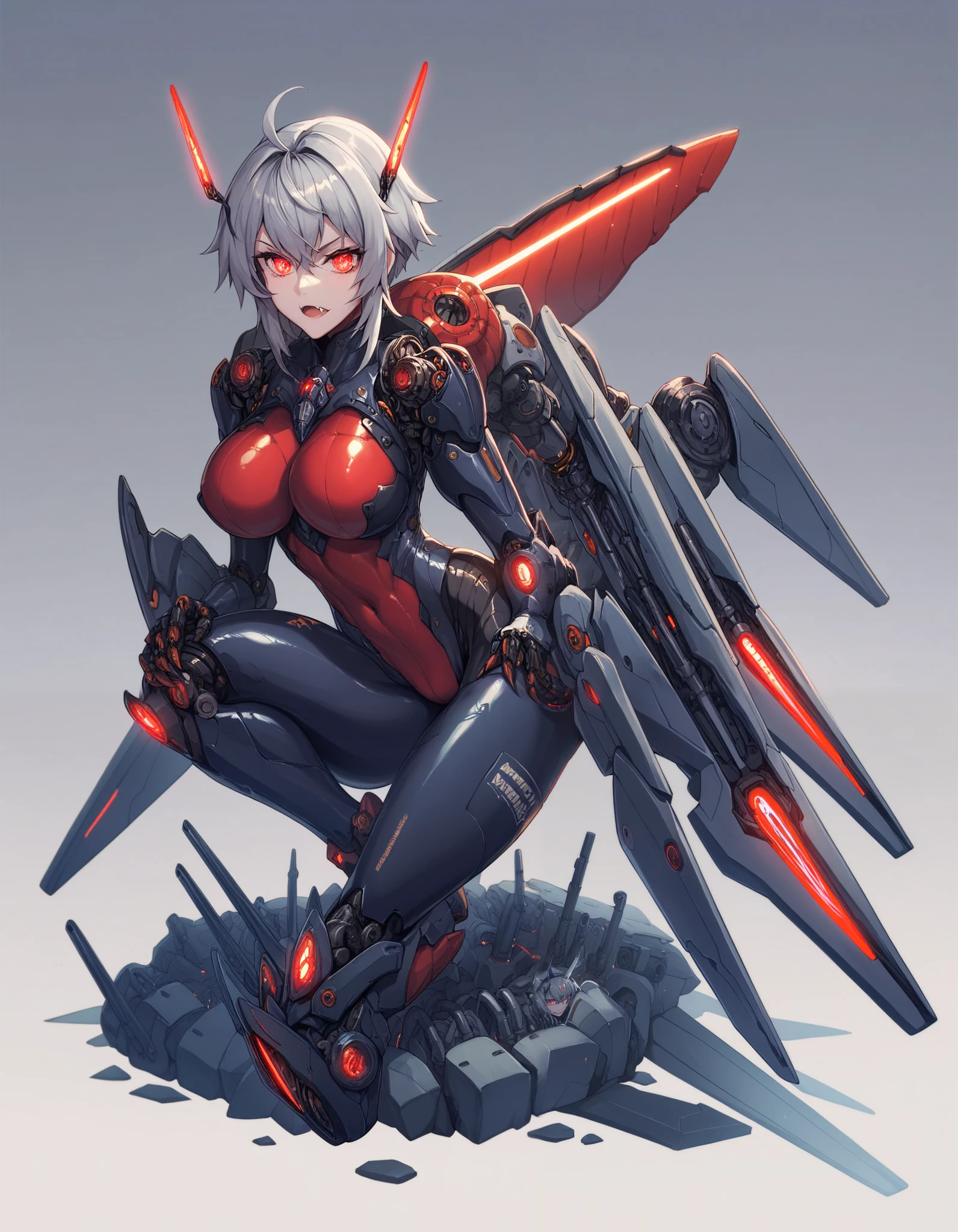 Mechanical Weapon Girl. （Close-up）Full body bodysuit. Latex. Cyber wind. Light armor. A look of contempt. Grey hair. Glowing red eyes. Glowing core. A mechanical Kaijyu in the background. large sharp claws; Mechanical Fang. Red and black machine. Battleship. Sit down. Cross legs. Arms crossed. A swarm of mechanical insects.