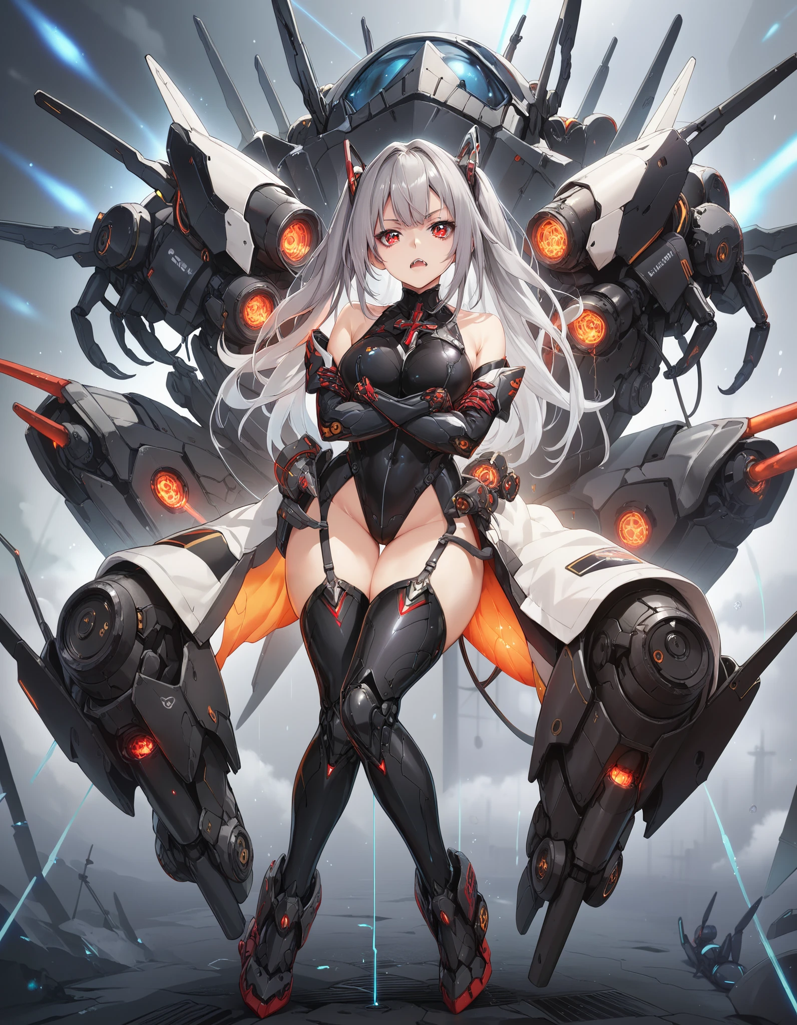 Mechanical Weapon Girl. （Close-up）Full body bodysuit. Latex. Cyber wind. Light armor. A look of contempt. Grey hair. Glowing red eyes. Glowing core. A mechanical Kaijyu in the background. large sharp claws; Mechanical Fang. Red and black machine. Battleship. Sit down. Cross legs. Arms crossed. A swarm of mechanical insects.