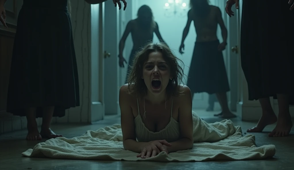 A dramatic and intense scene in a dimly lit environment, featuring a terrified woman on the ground, drenched and in a state of distress. Surround her with a group of shadowy, ominous figures, all wearing tattered clothing, creating a sense of claustrophobia and fear. The lighting should be moody, highlighting the contrast between the dark surroundings and the distressed expression of the woman. The atmosphere should evoke suspense and horror, without any text in the image.

